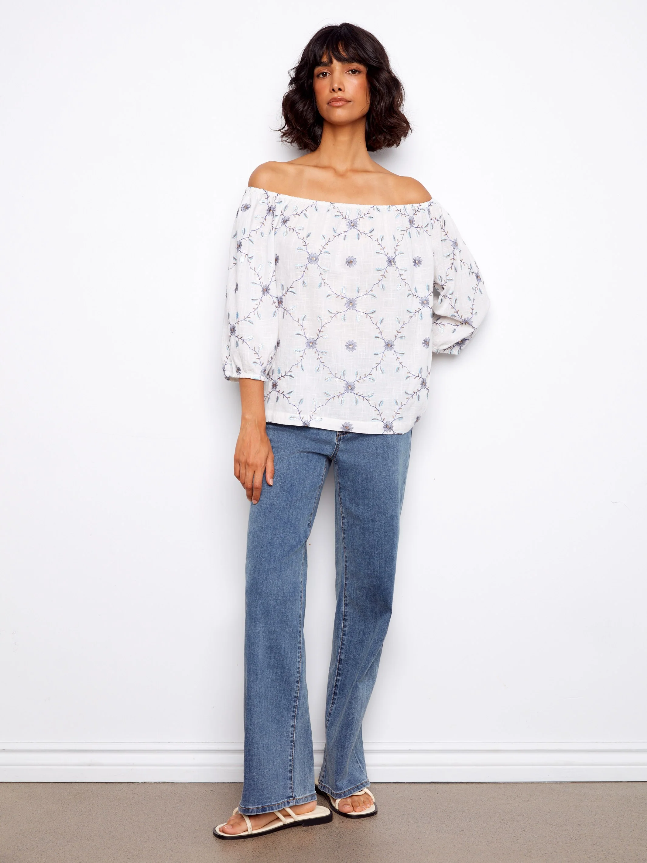 Embroidered Cotton Off-Shoulder Blouse - Daisy - Image 3