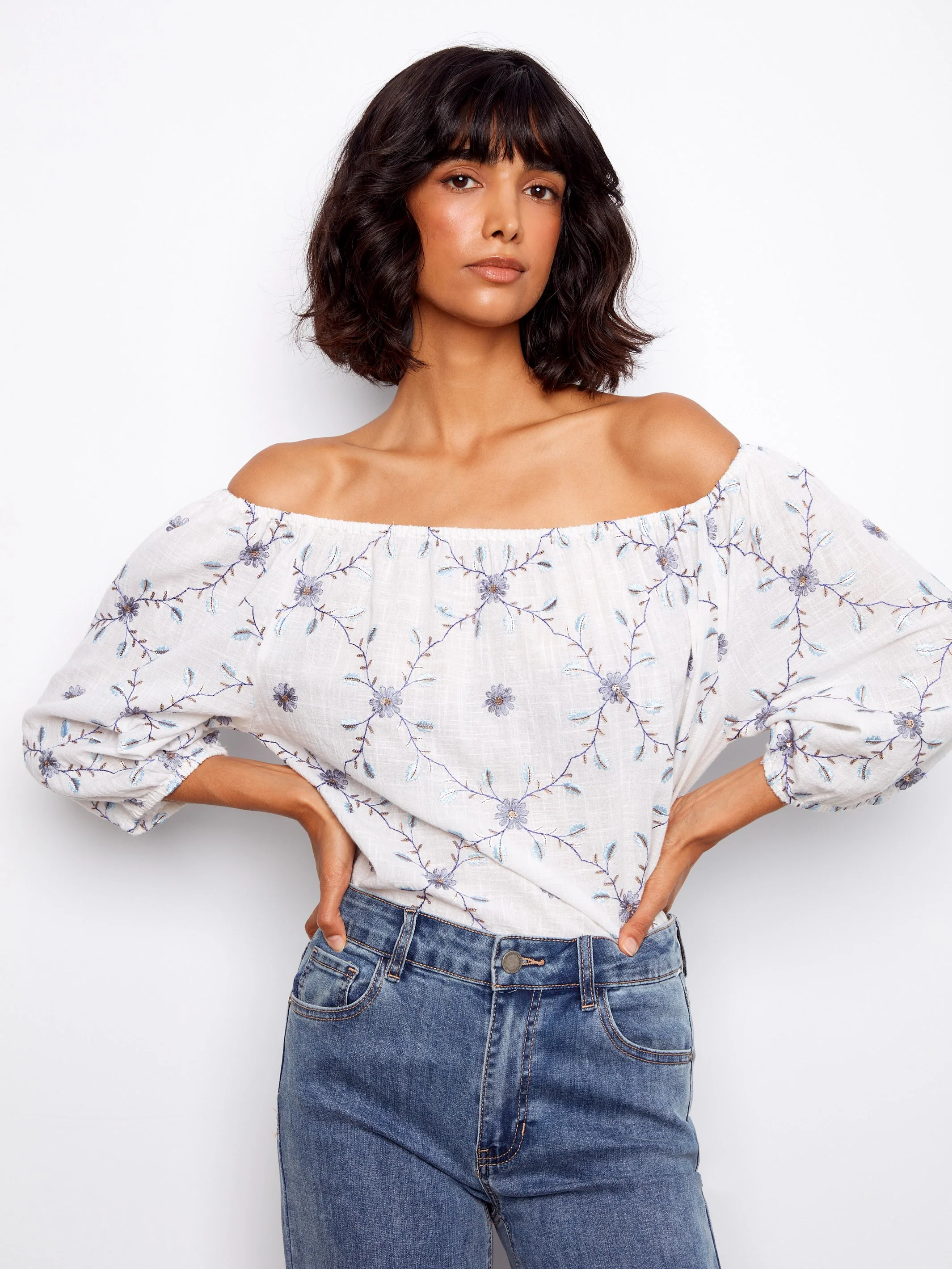 Embroidered Cotton Off-Shoulder Blouse - Daisy - Image 4