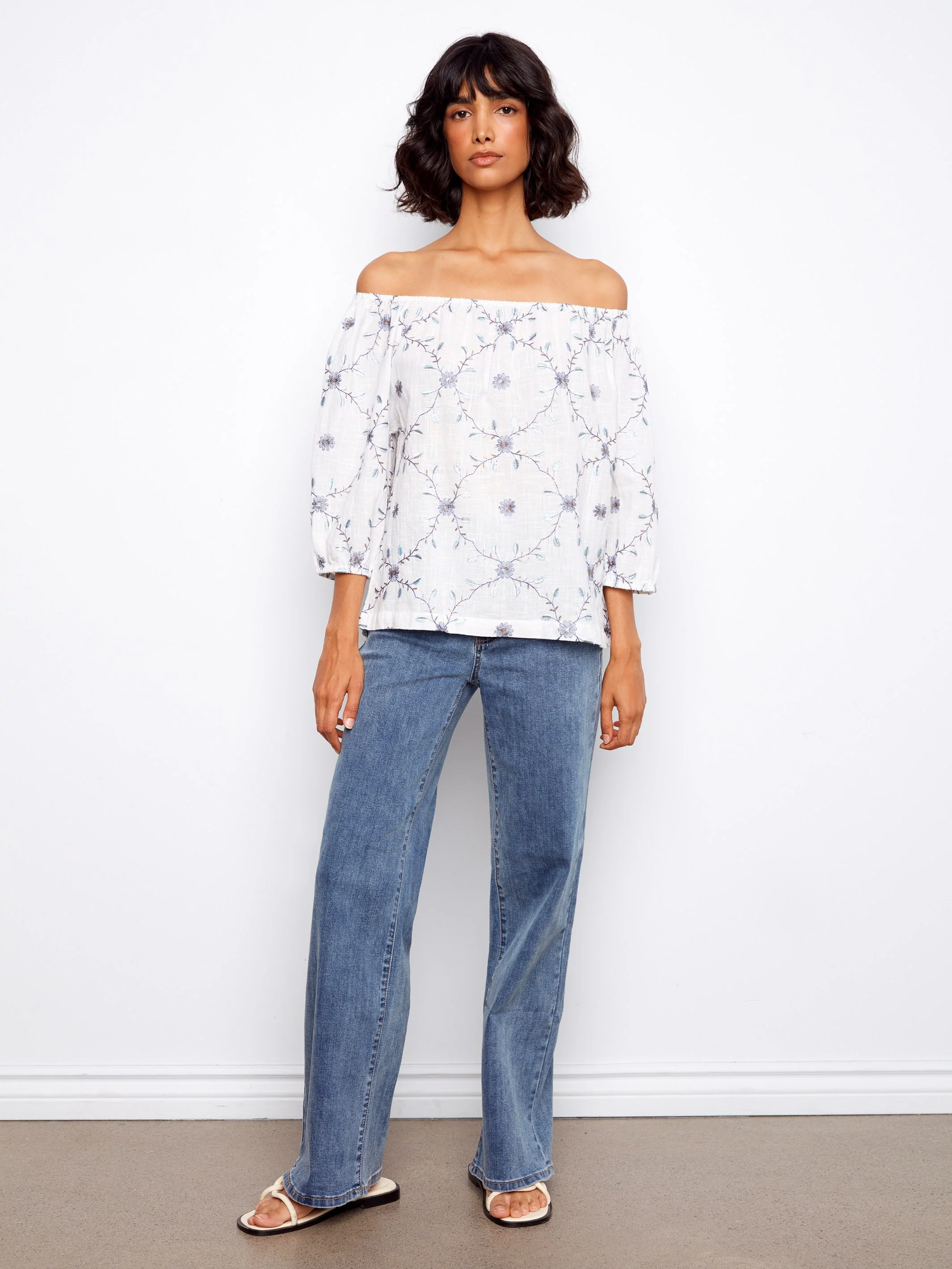 Embroidered Cotton Off-Shoulder Blouse - Daisy - Image 6