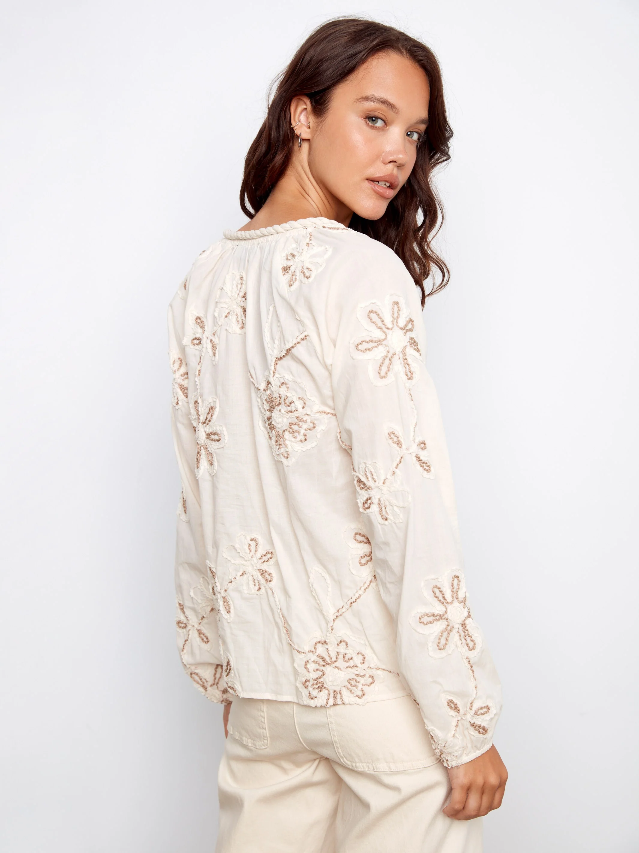 Embroidered Cotton Popover Blouse - Ecru - Image 4