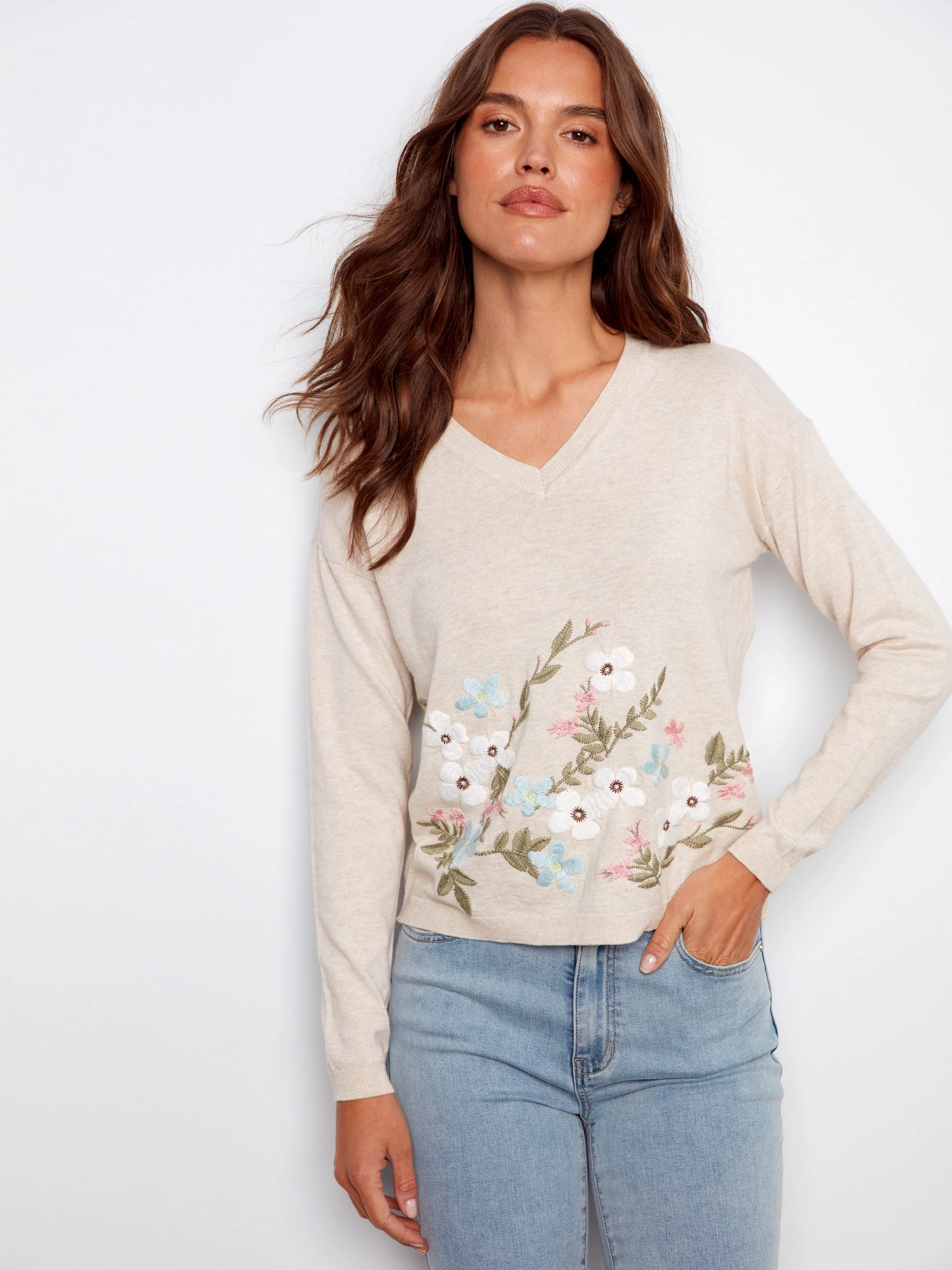 Embroidered Cotton V-Neck Sweater - Wildflowers - Image 3