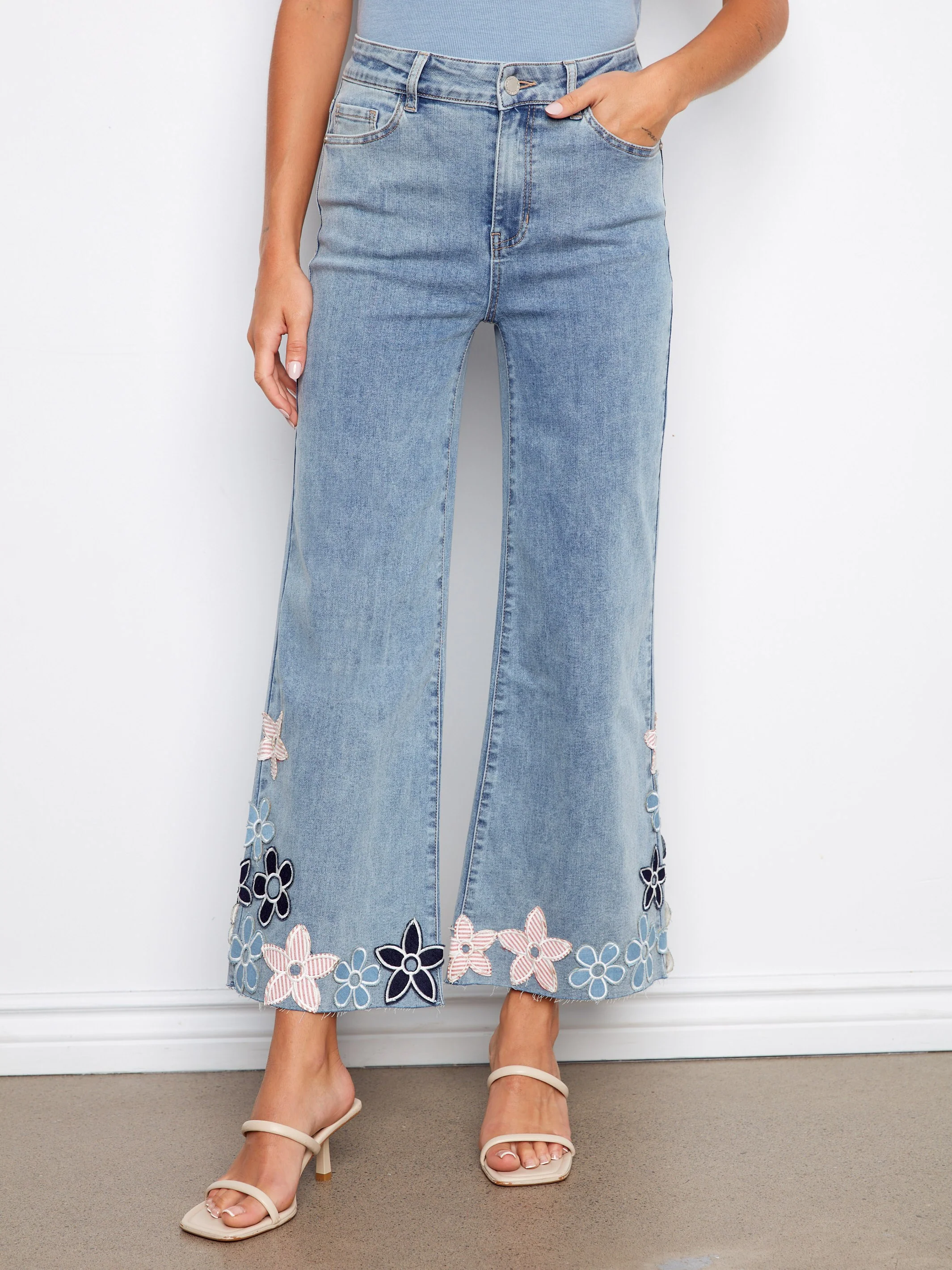 Embroidered Cropped Flare Jeans With Raw Hem - Light Blue - Image 2