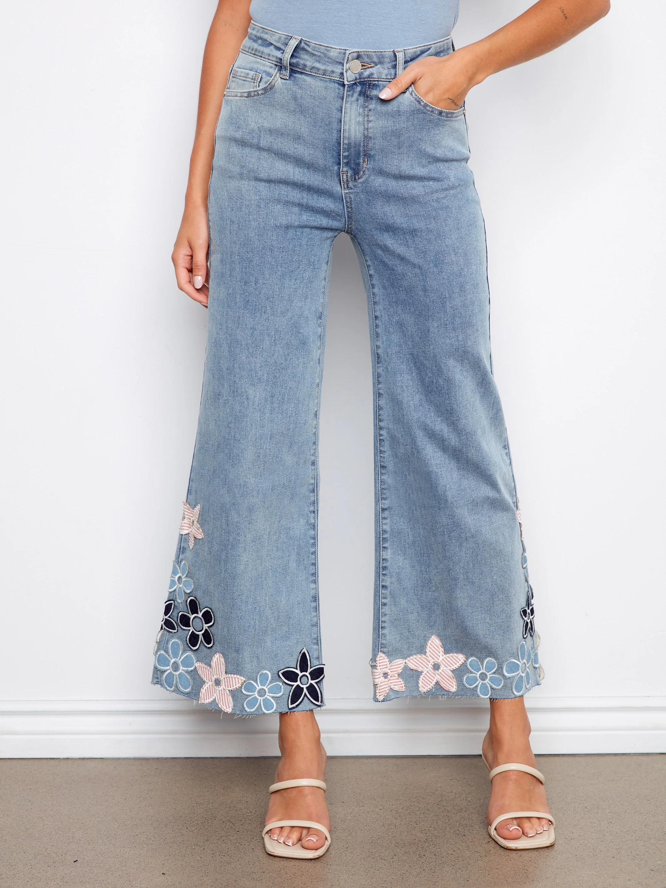 Embroidered Cropped Flare Jeans With Raw Hem - Light Blue - Image 5
