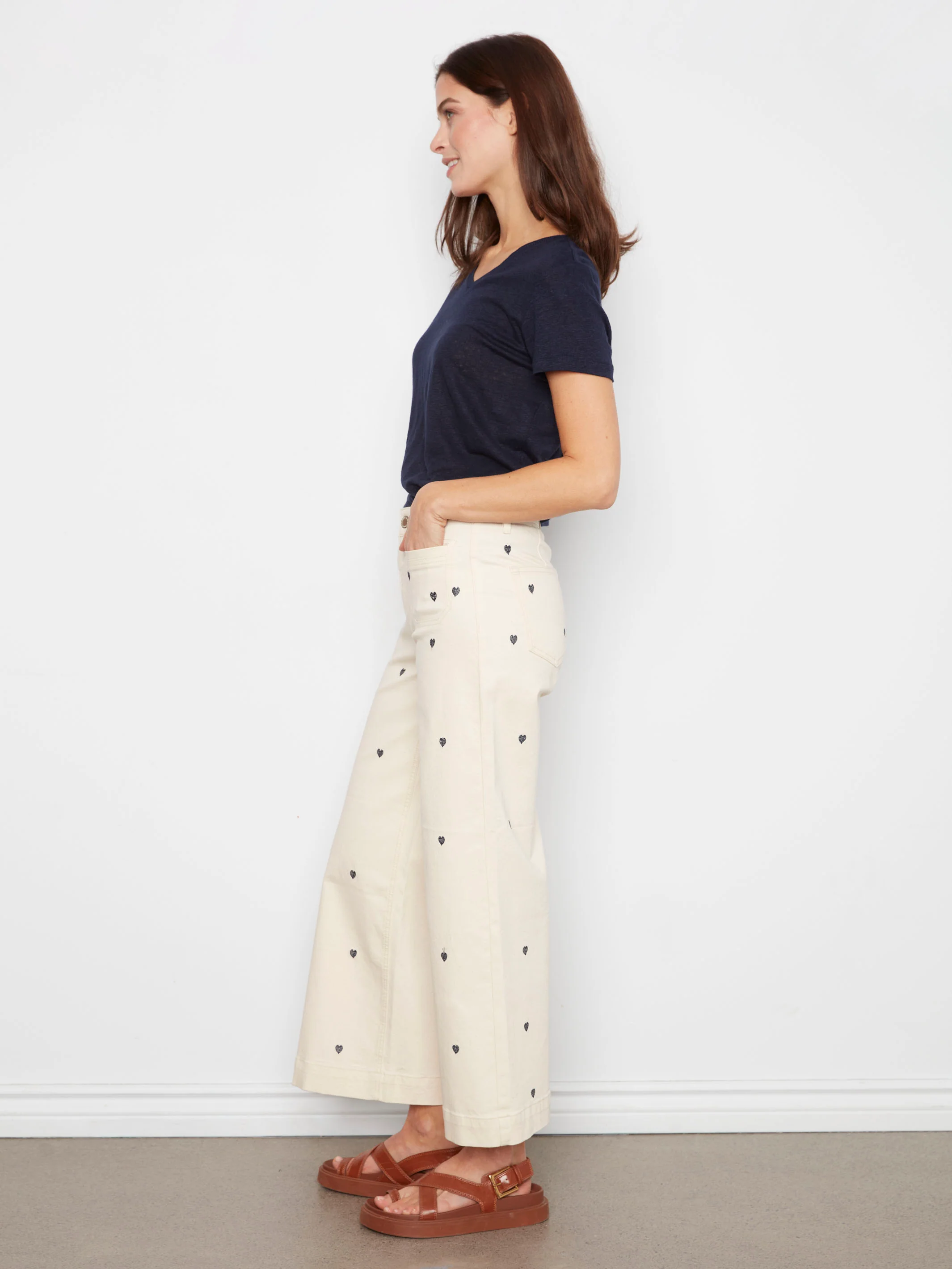 Embroidered Cropped Patch Pocket Flare Twill Pants - Natural - Image 3