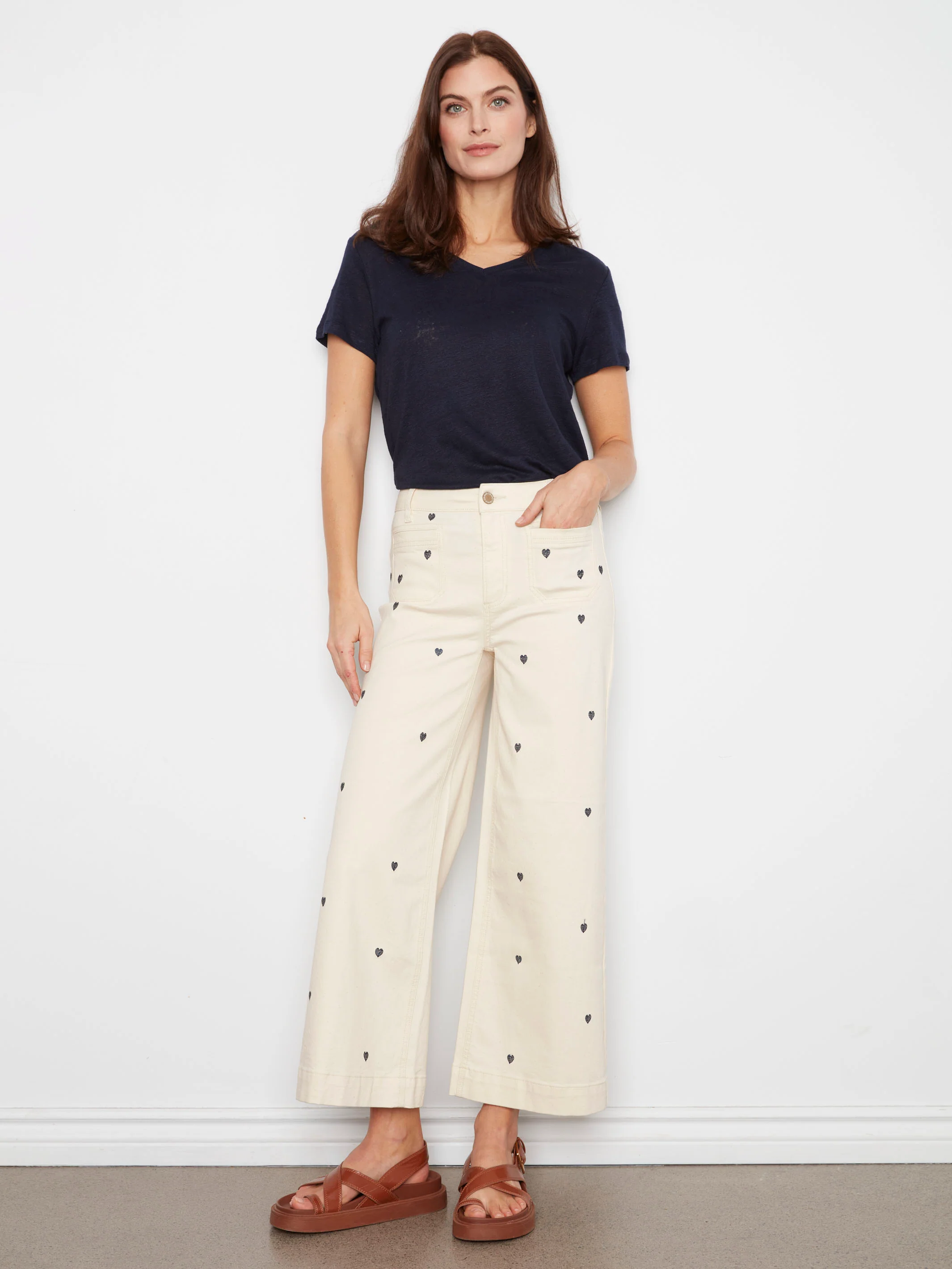 Embroidered Cropped Patch Pocket Flare Twill Pants - Natural - Image 5