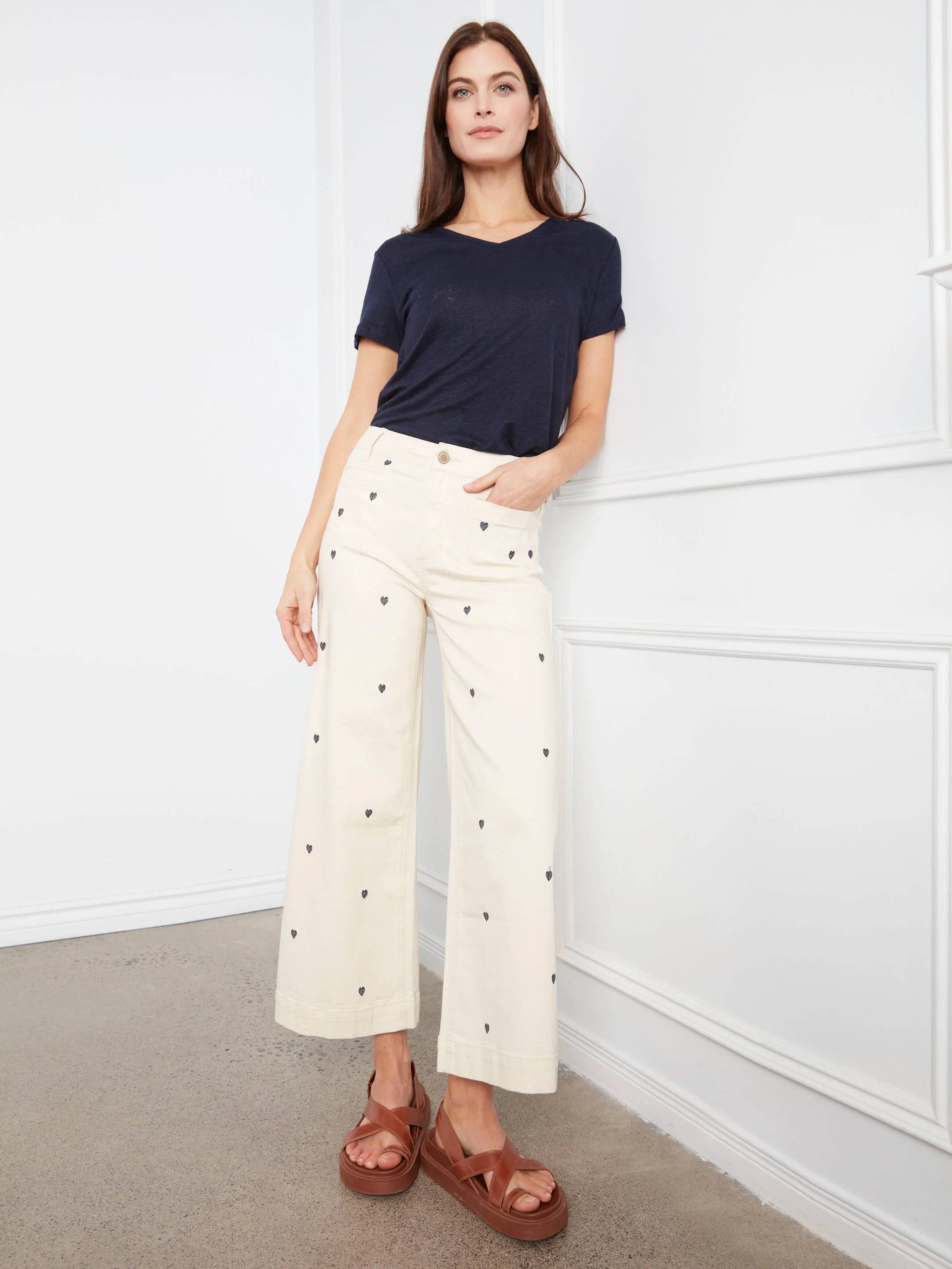Embroidered Cropped Patch Pocket Flare Twill Pants - Natural - Image 6