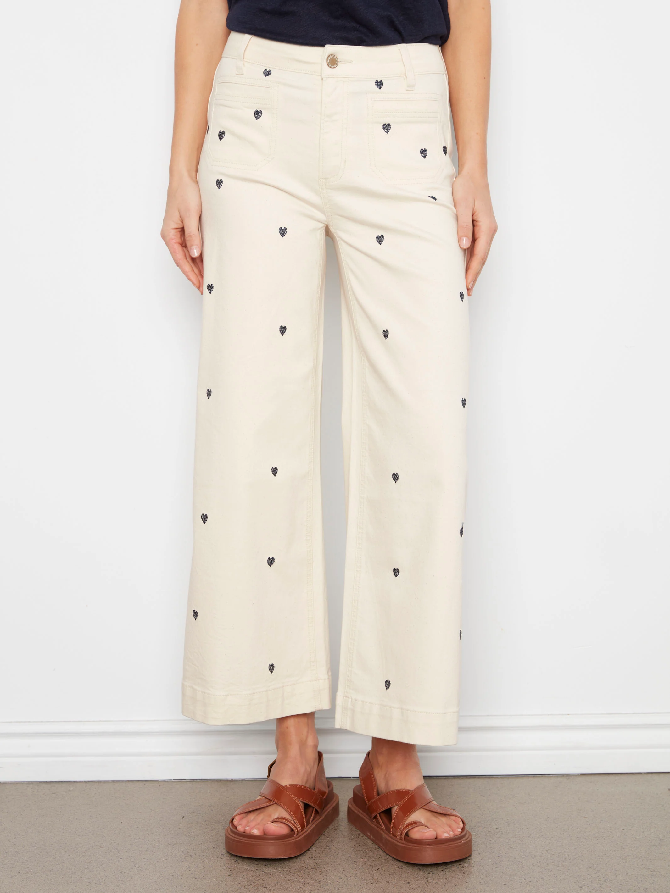 Embroidered Cropped Patch Pocket Flare Twill Pants - Natural - Image 7