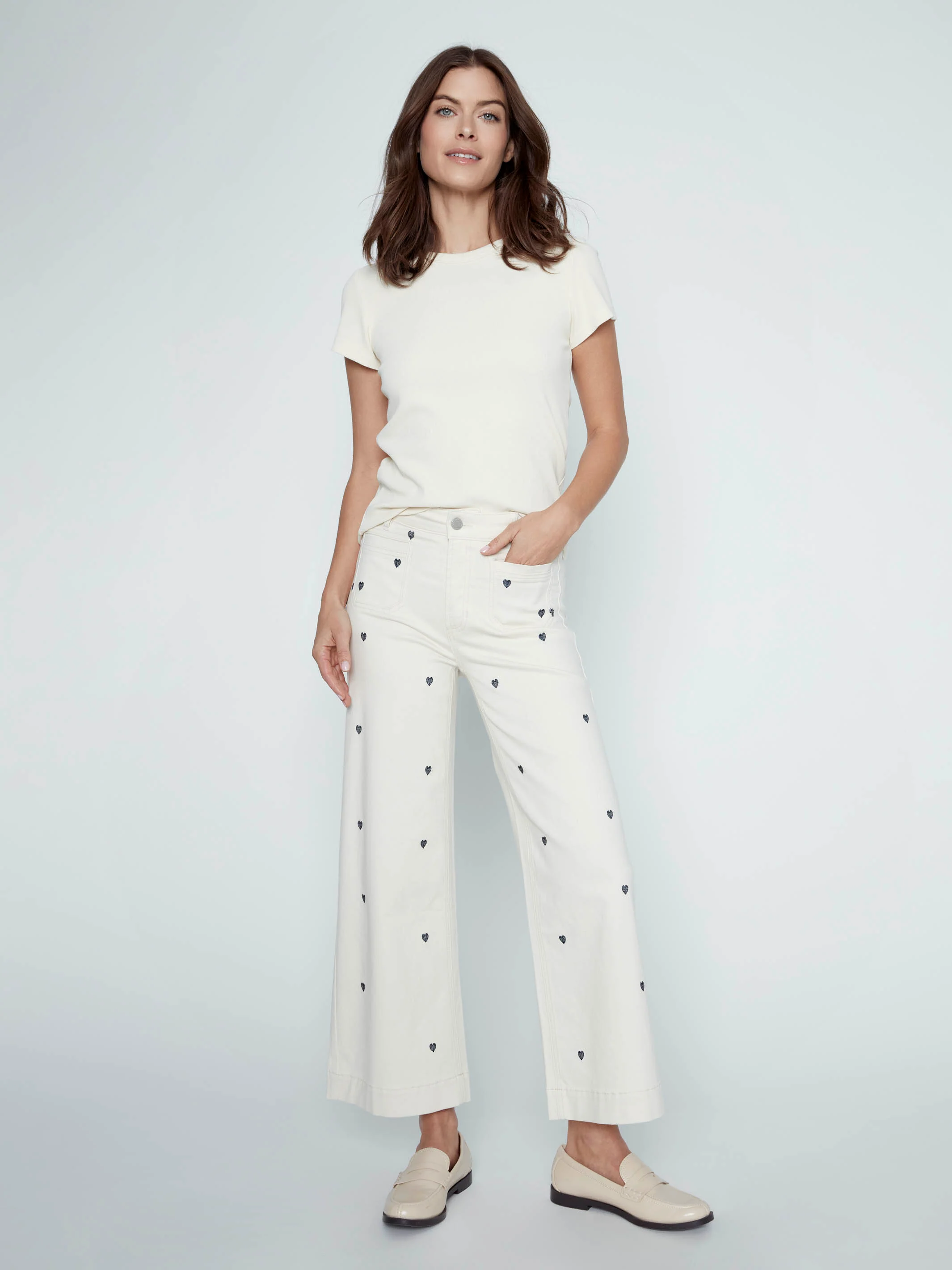 Embroidered Cropped Patch Pocket Flare Twill Pants - Natural - Image 8