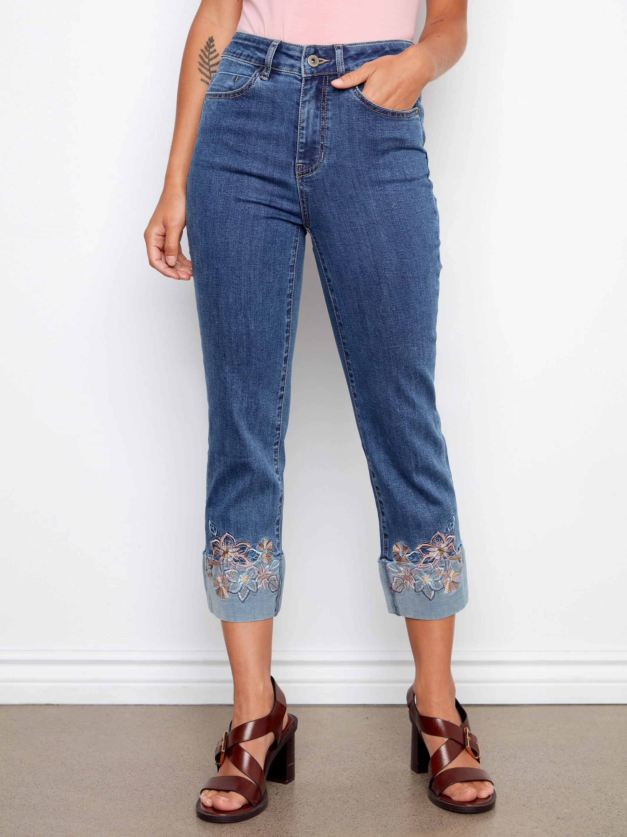 Embroidered Cuff Cropped Jeans - Medium Blue - Image 2