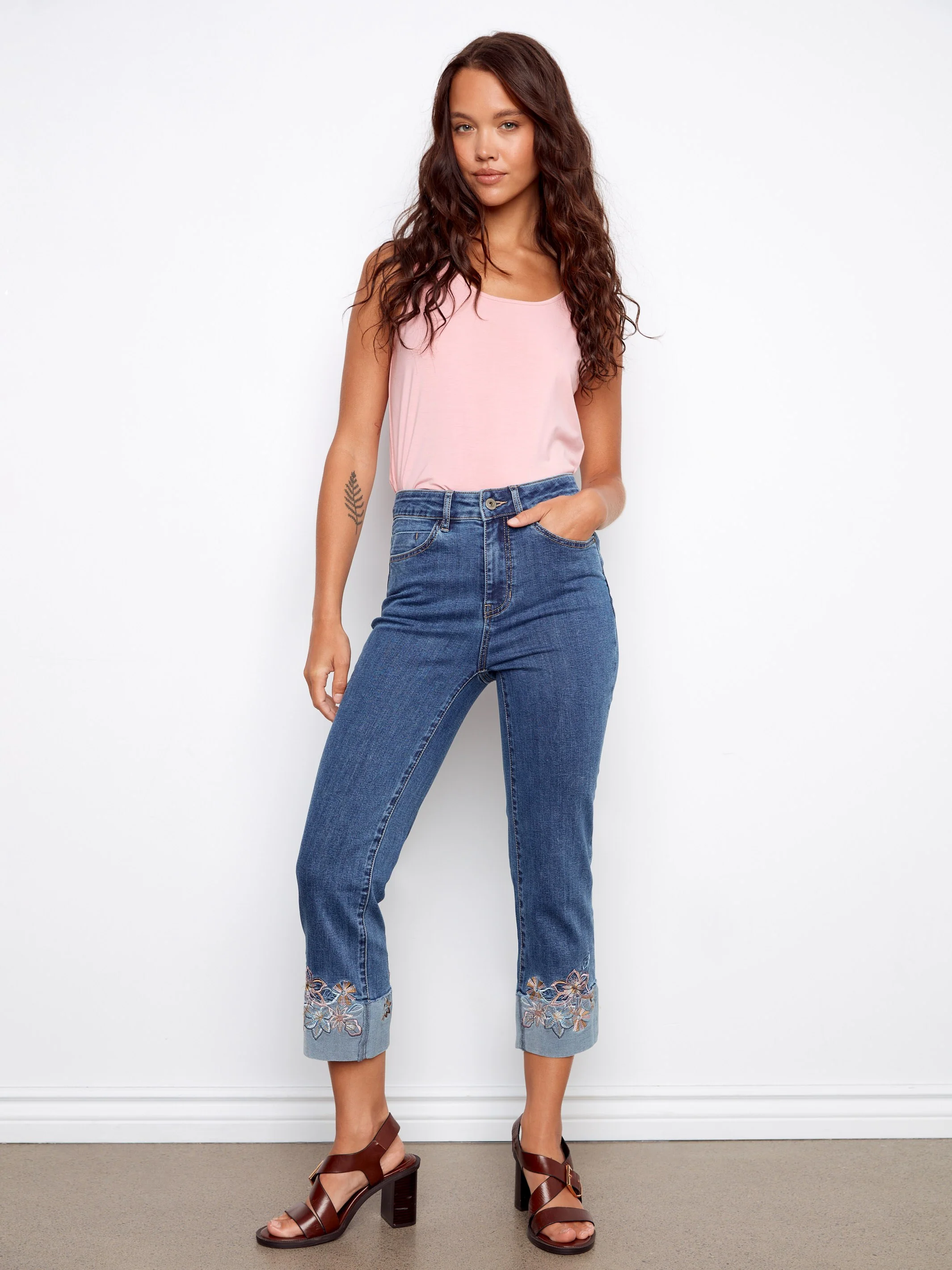Embroidered Cuff Cropped Jeans - Medium Blue - Image 3