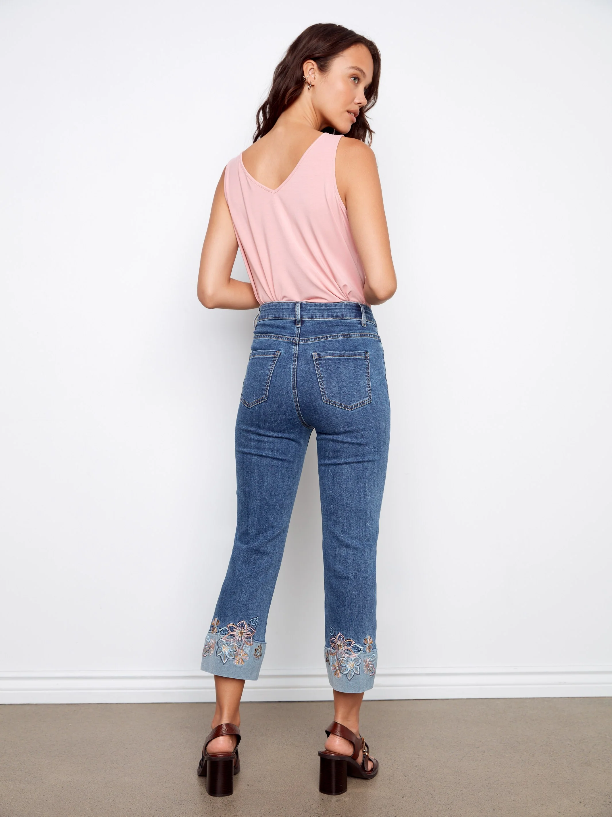 Embroidered Cuff Cropped Jeans - Medium Blue - Image 5