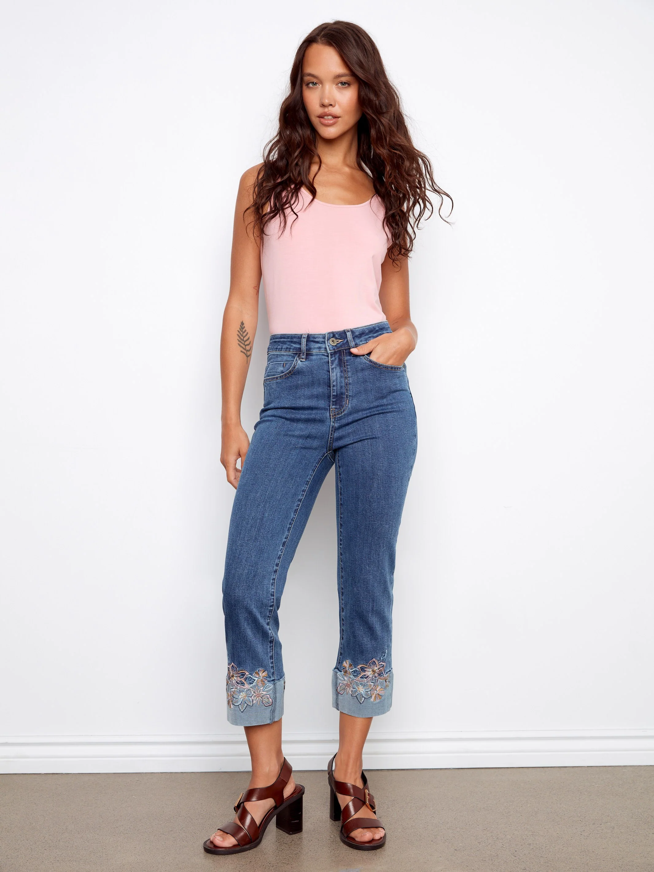 Embroidered Cuff Cropped Jeans - Medium Blue - Image 6
