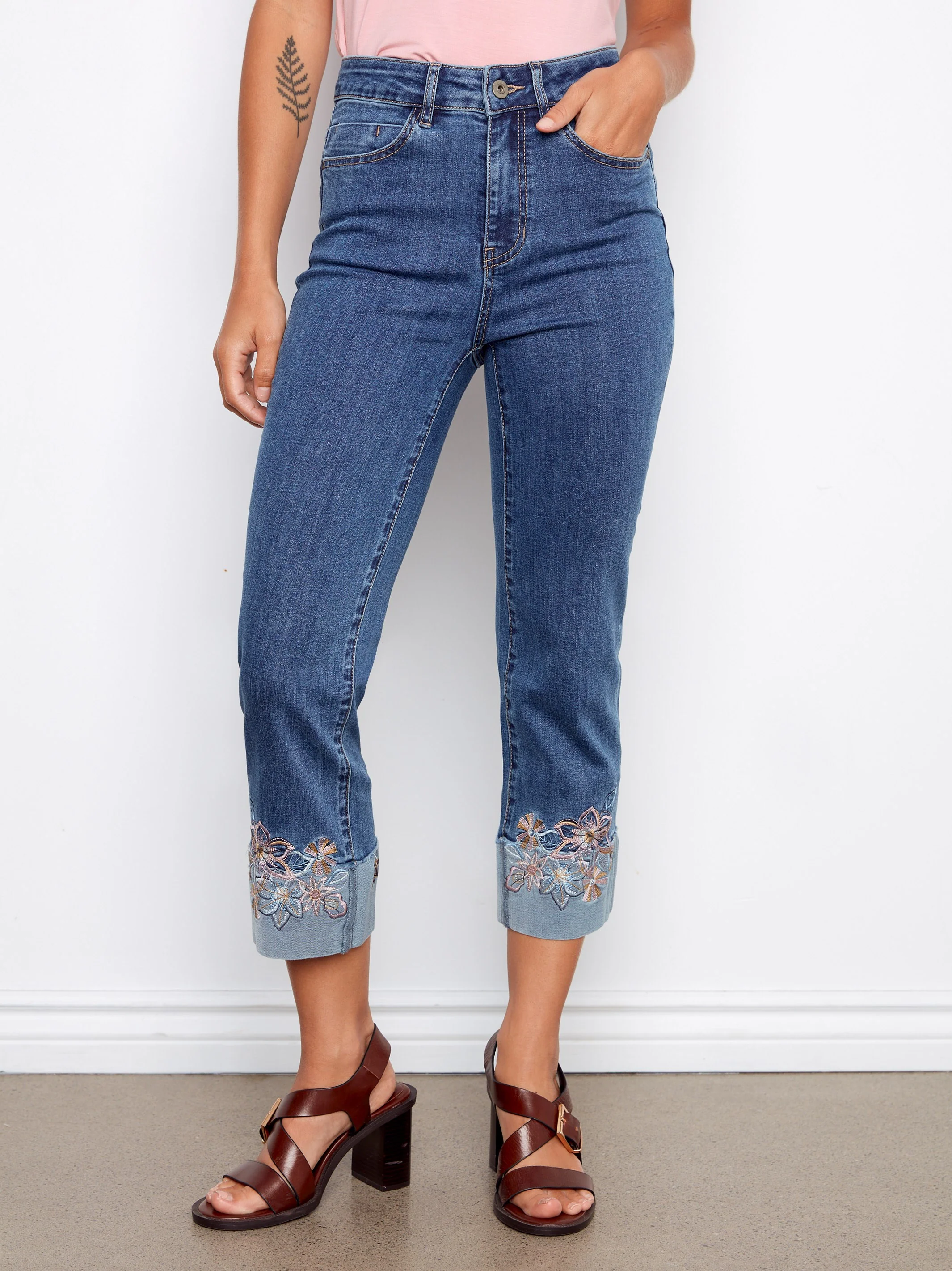 Embroidered Cuff Cropped Jeans - Medium Blue - Image 7