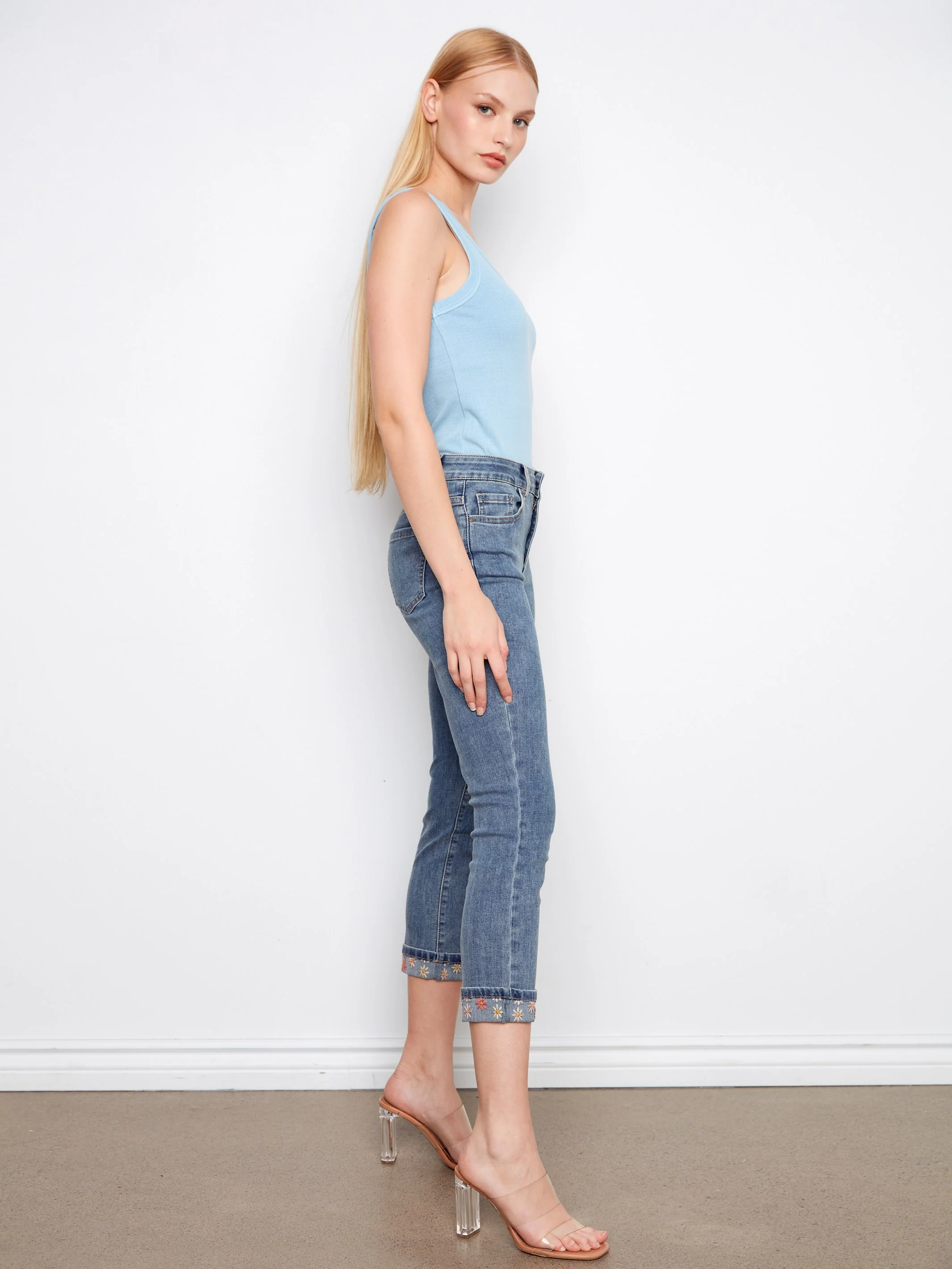 Embroidered Cuff Cropped Slim Leg Jeans - Medium Blue - Image 3