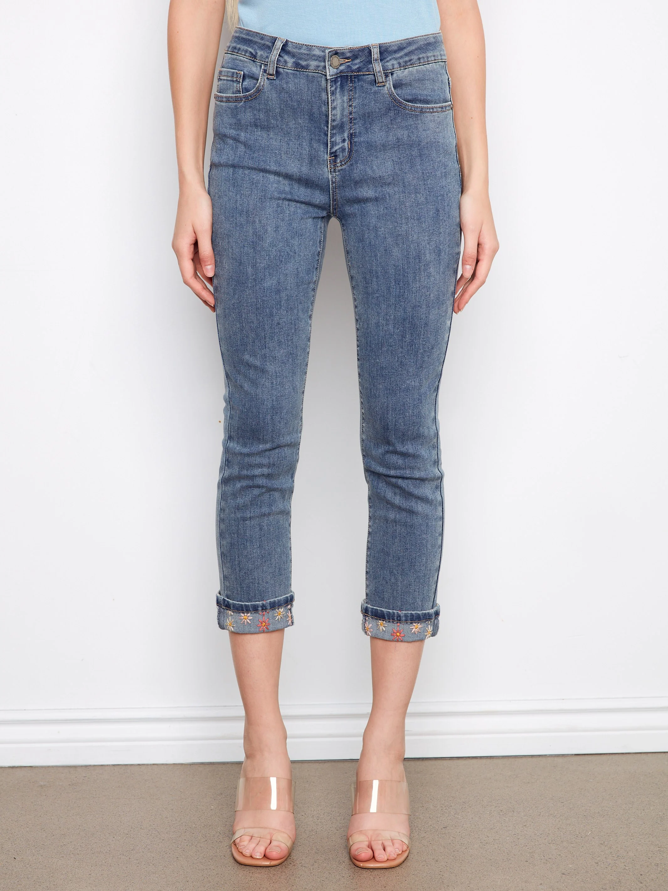 Embroidered Cuff Cropped Slim Leg Jeans - Medium Blue - Image 6