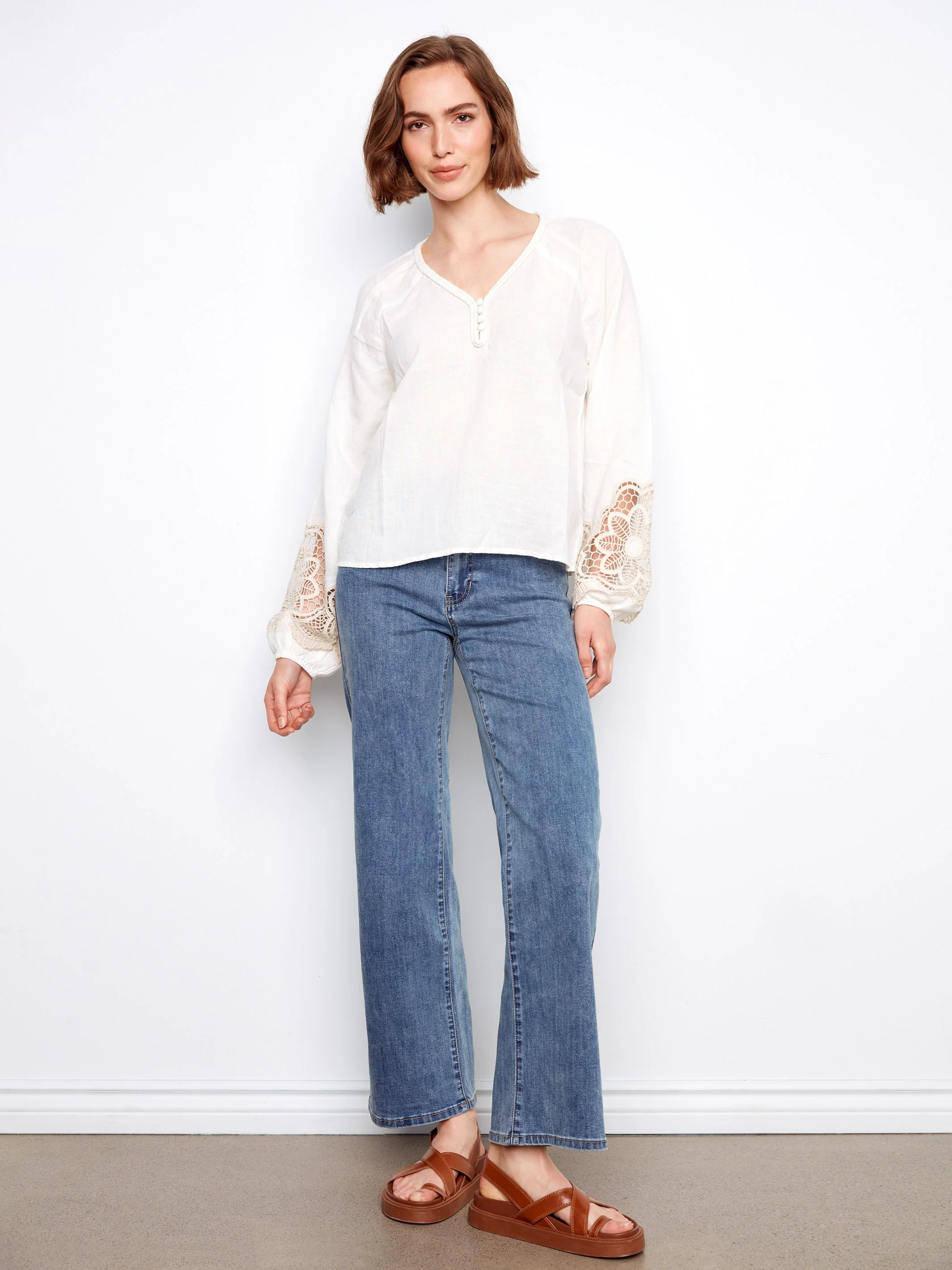 Embroidered Linen Blend Blouse - White - Image 3