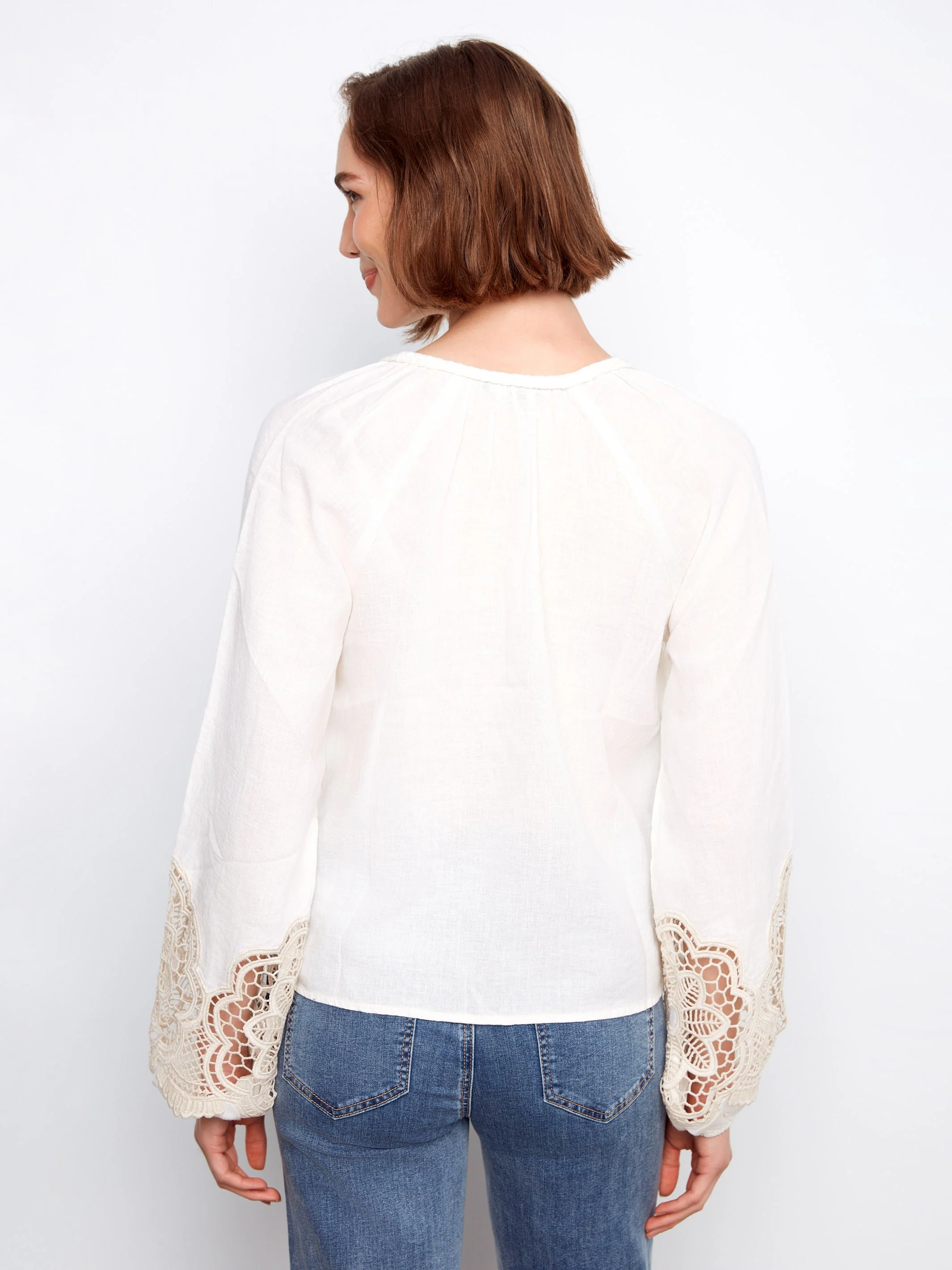 Embroidered Linen Blend Blouse - White - Image 4