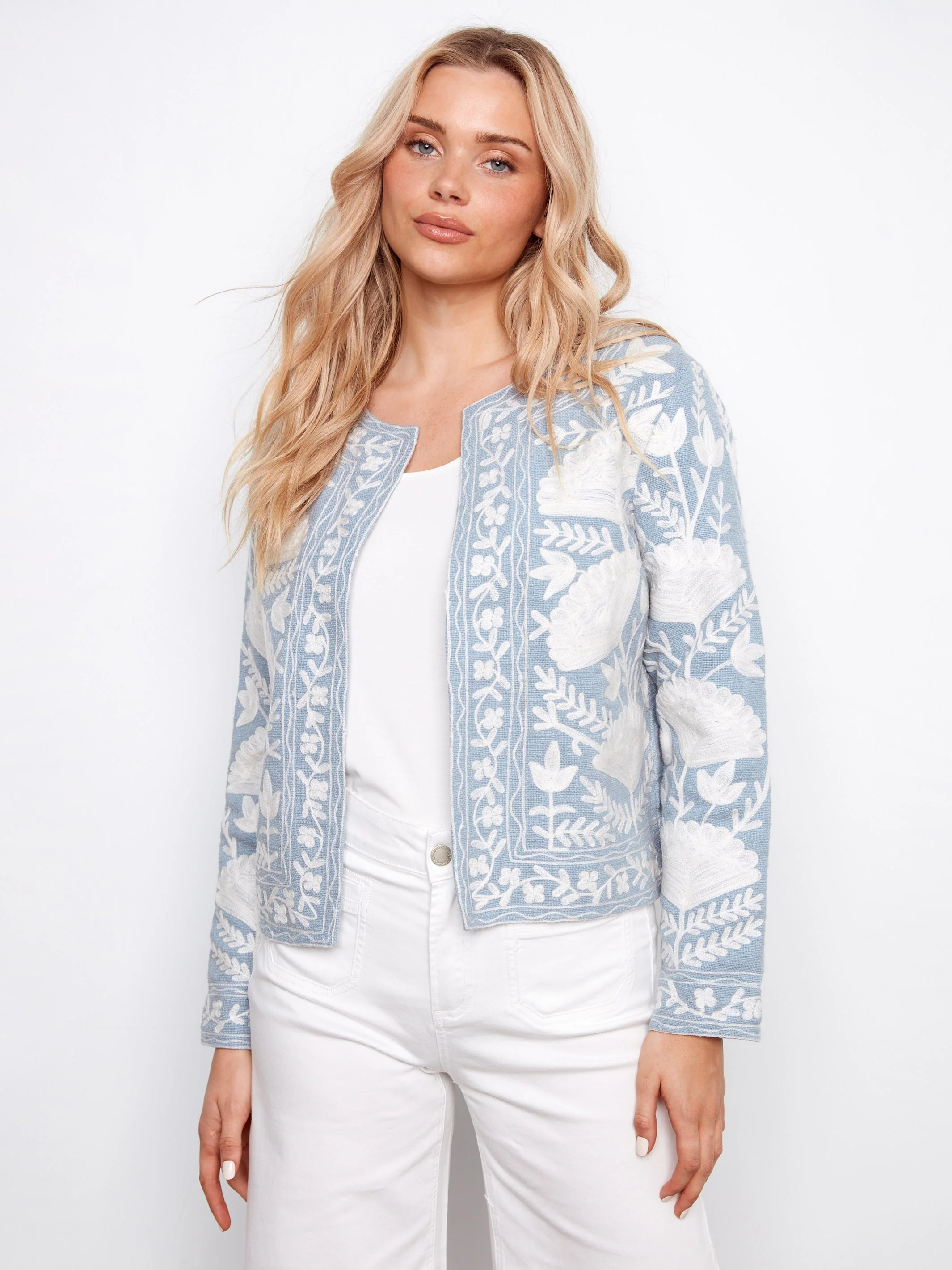 Embroidered Open Front Jacket - Scarlet