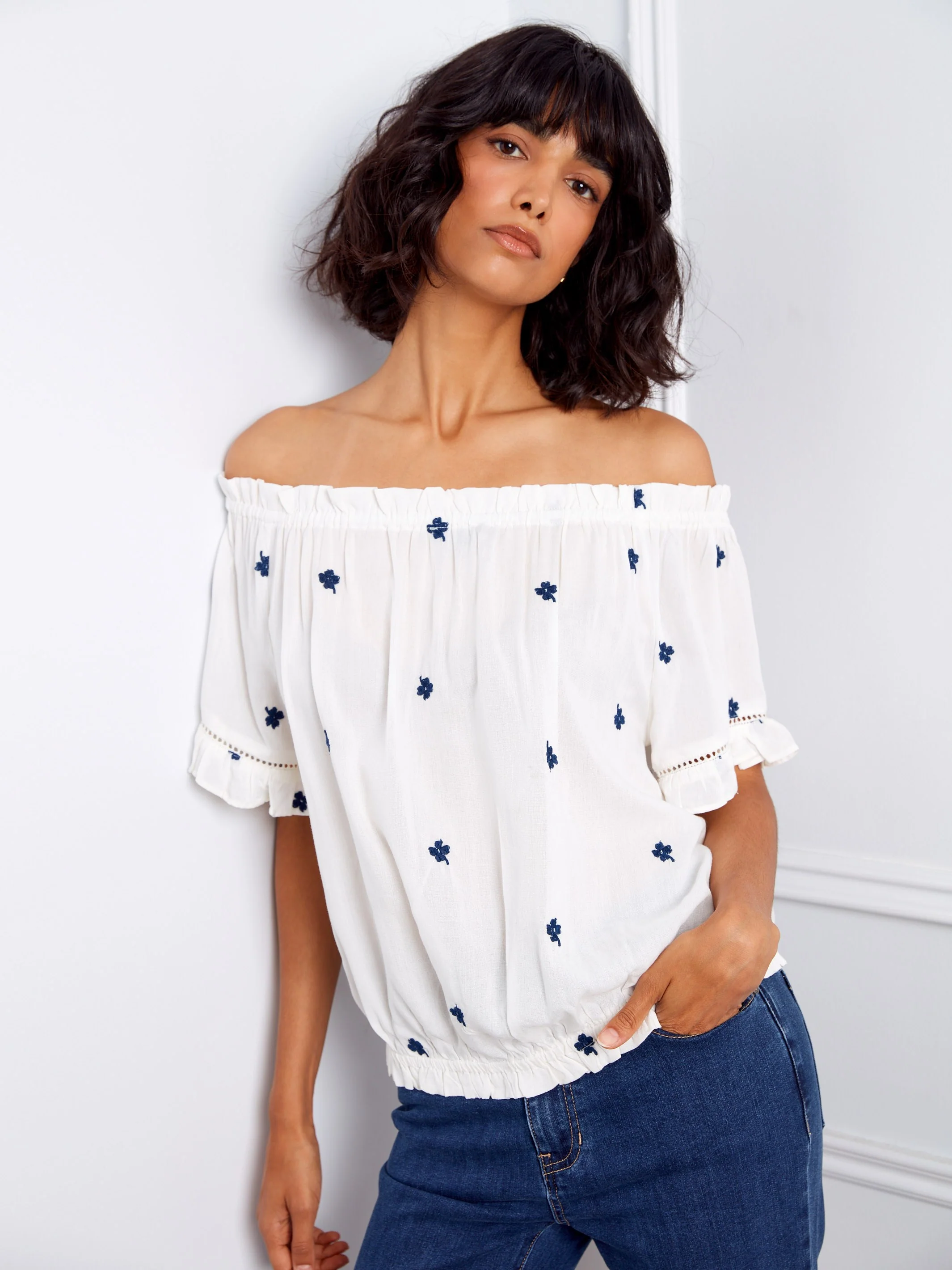 Embroidered Short Sleeve Off-Shoulder Blouse - White - Image 3