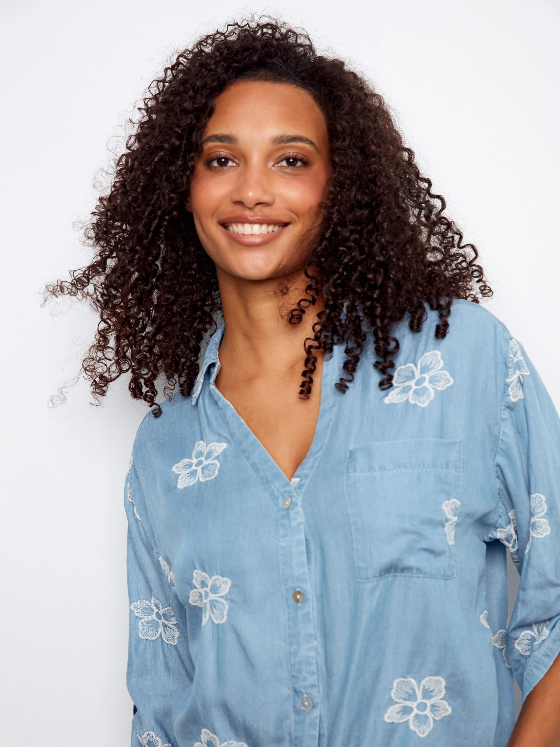 Embroidered Tencel Blouse With Front Tie - Light Blue - Image 3