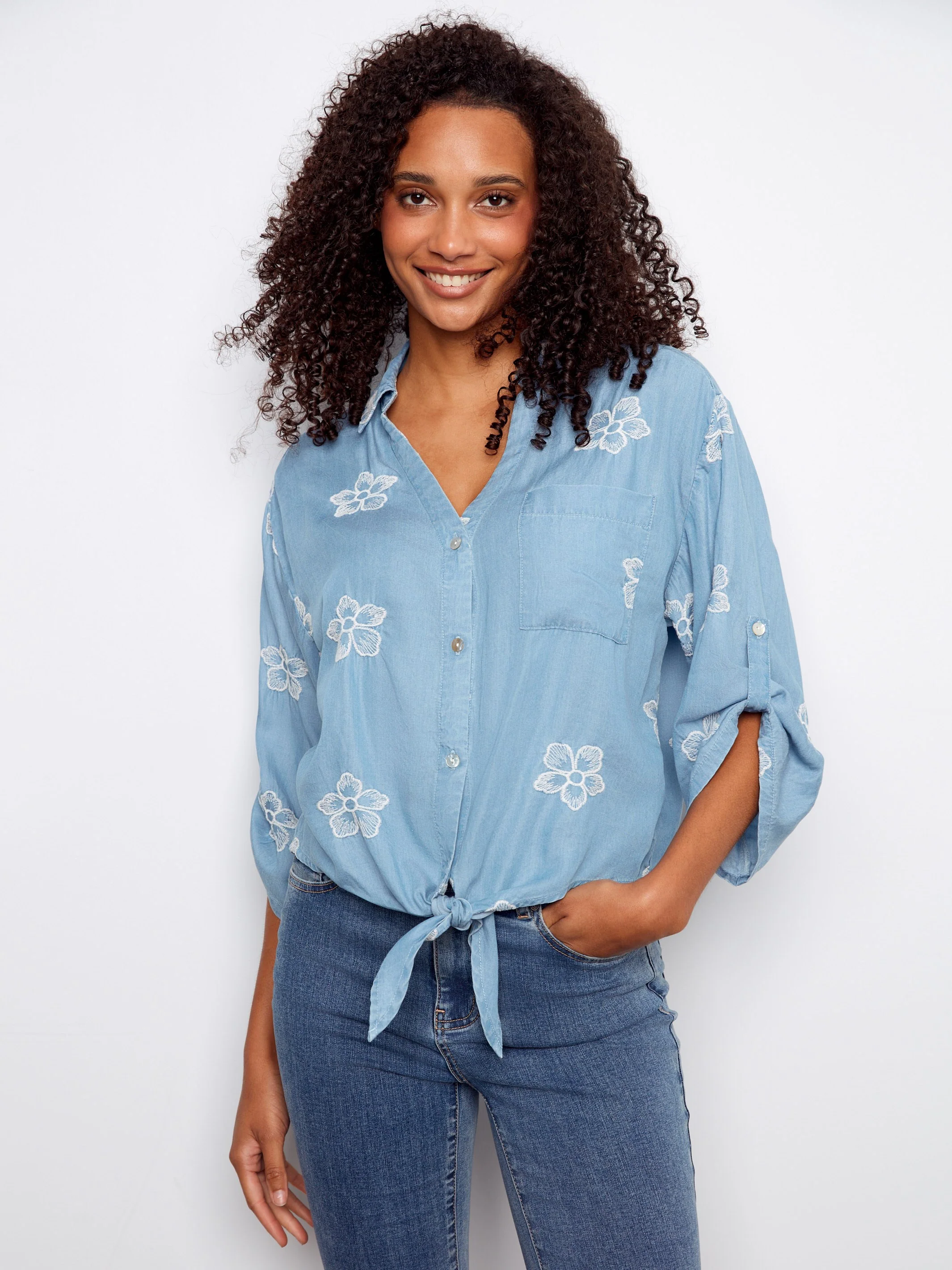 Embroidered Tencel Blouse With Front Tie - Light Blue - Image 4