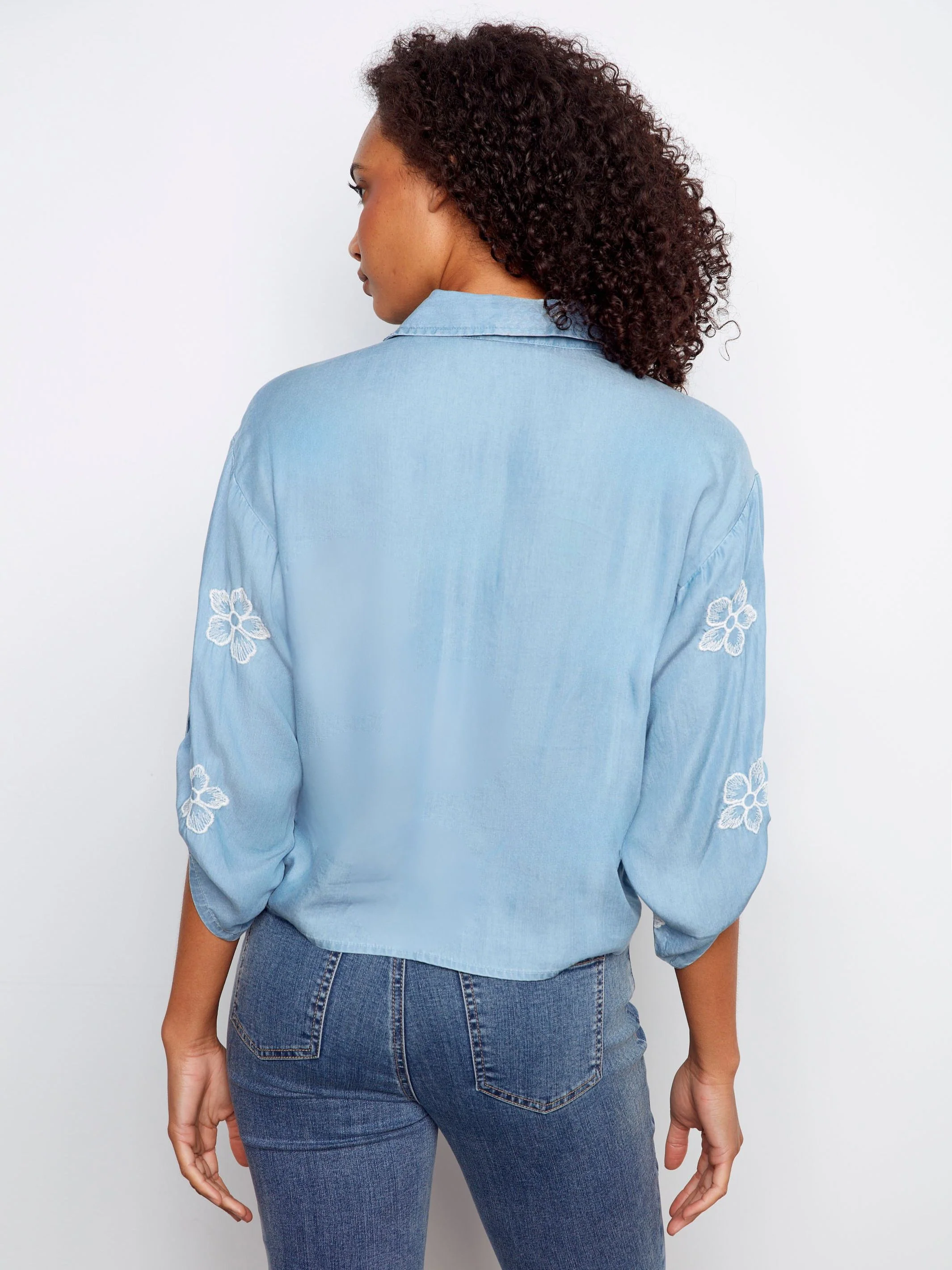 Embroidered Tencel Blouse With Front Tie - Light Blue - Image 5