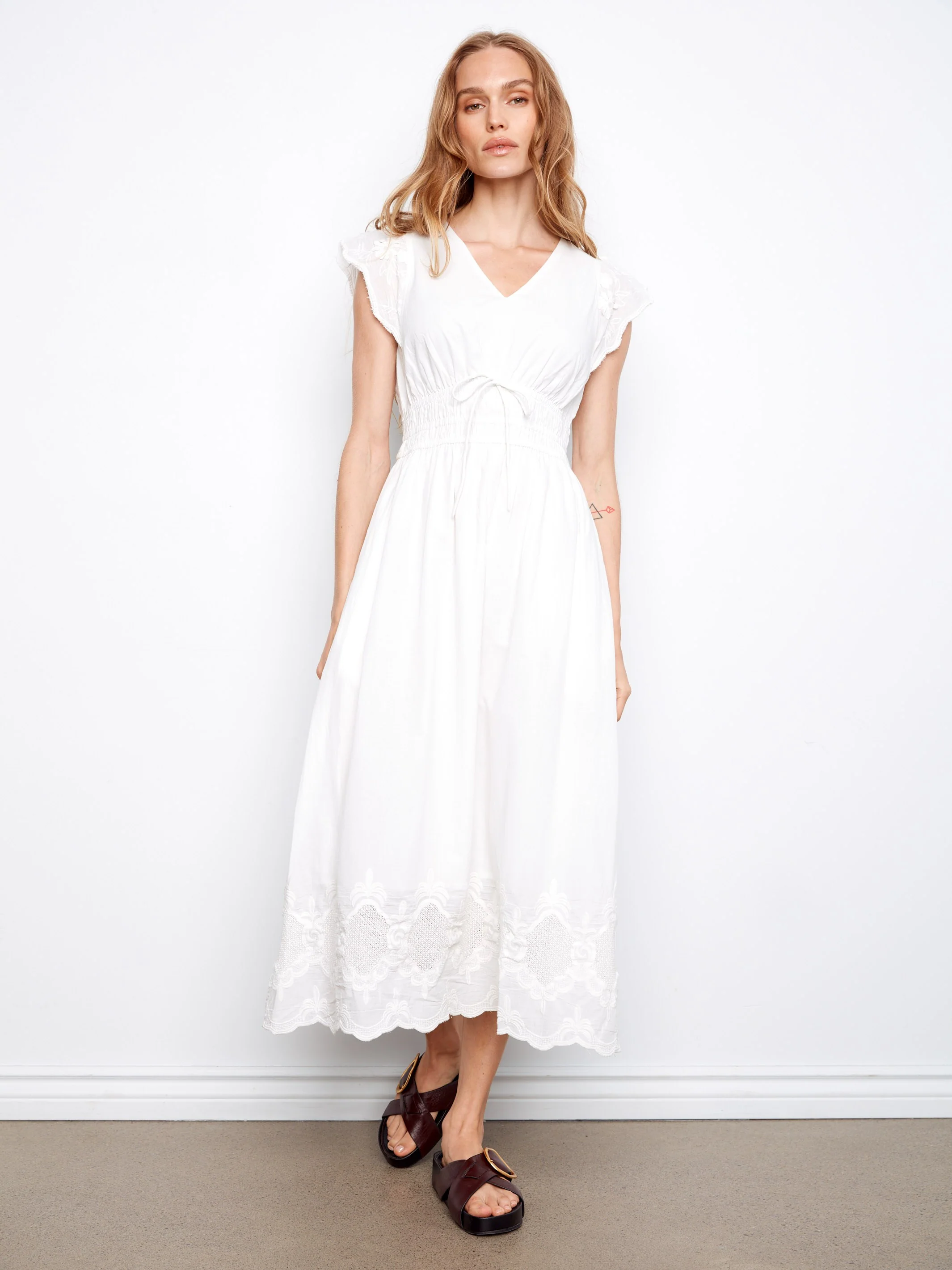 Embroidered V-Neck Midi Dress - White - Image 4