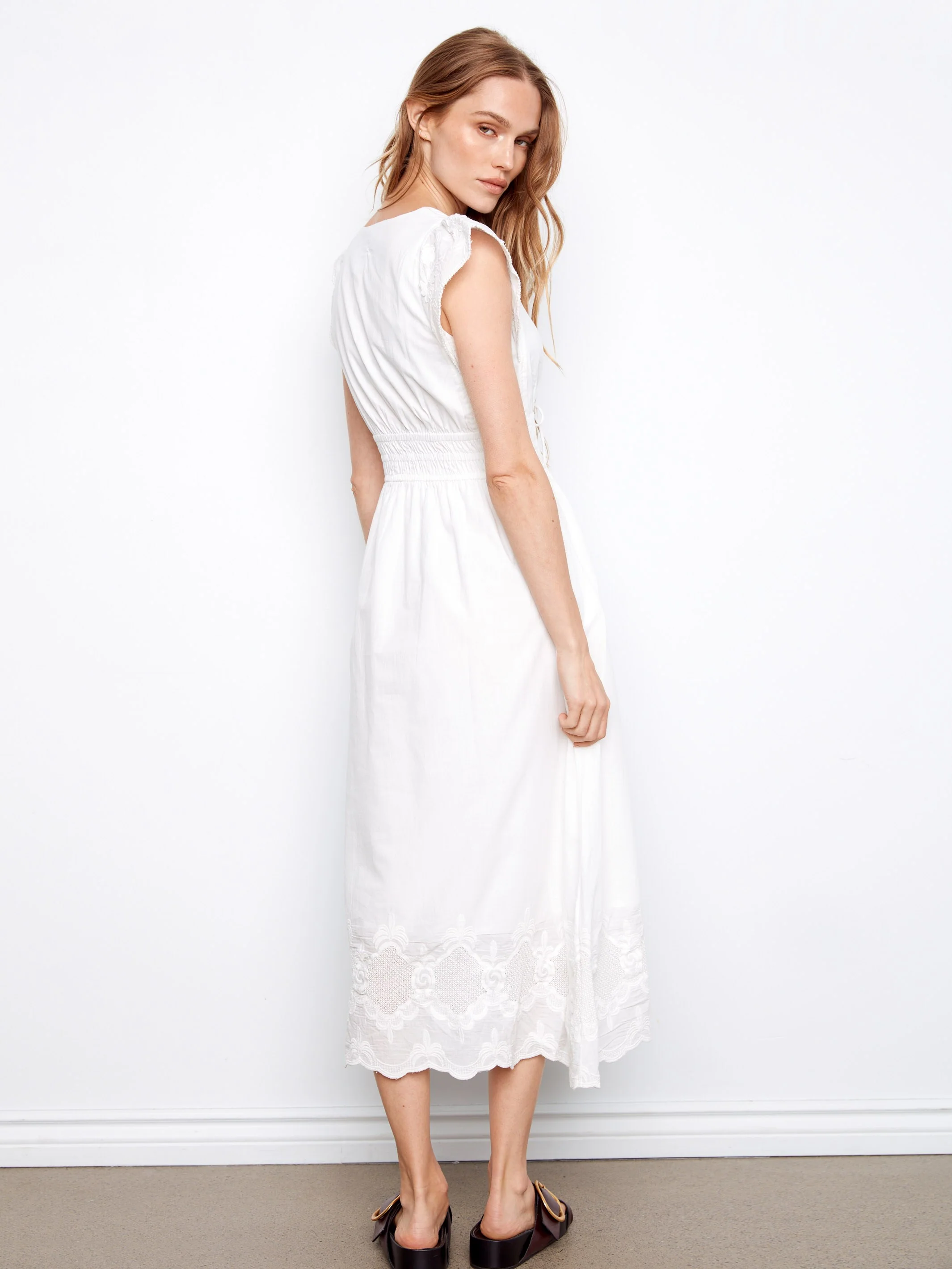 Embroidered V-Neck Midi Dress - White - Image 5