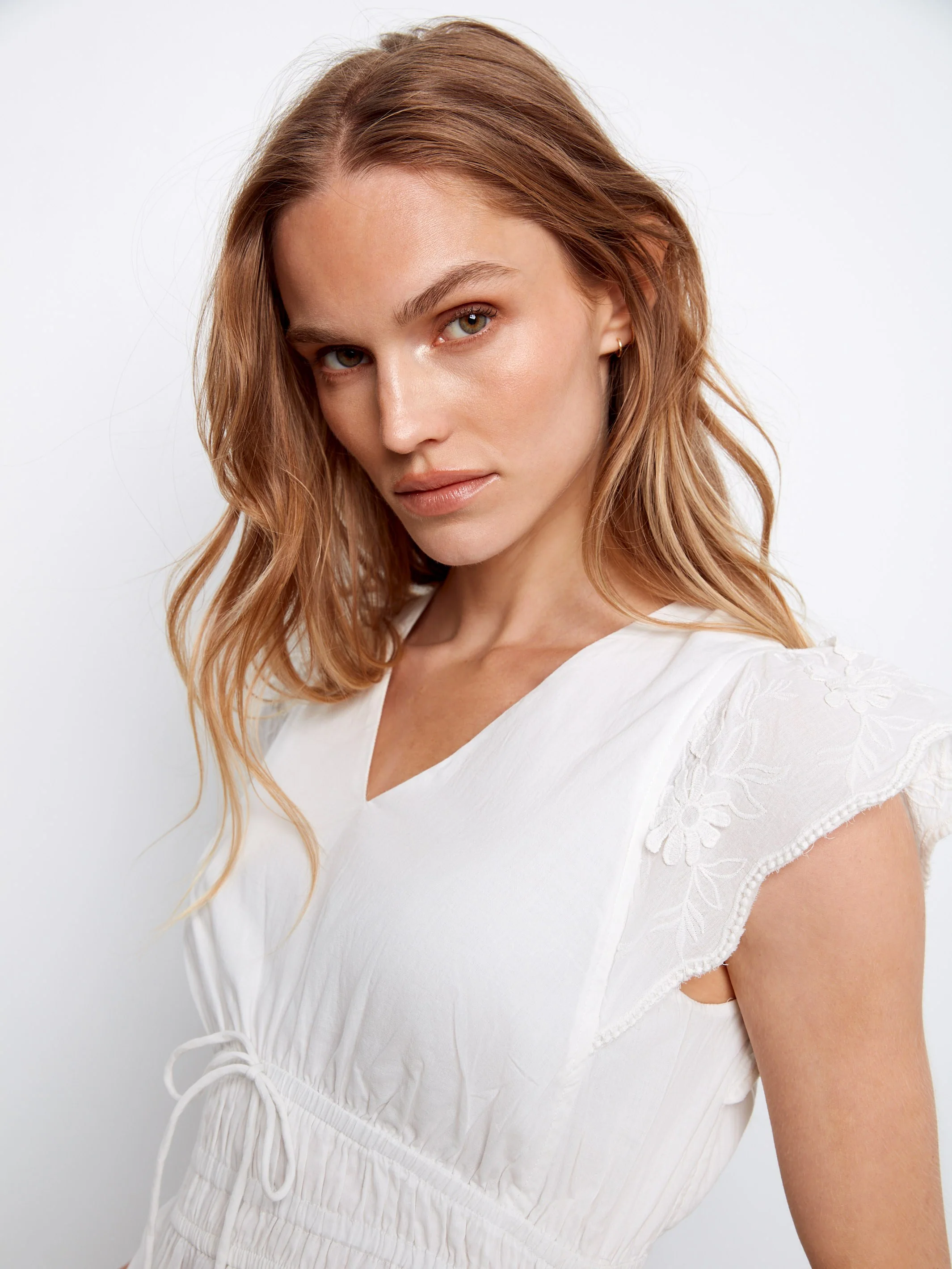 Embroidered V-Neck Midi Dress - White - Image 6