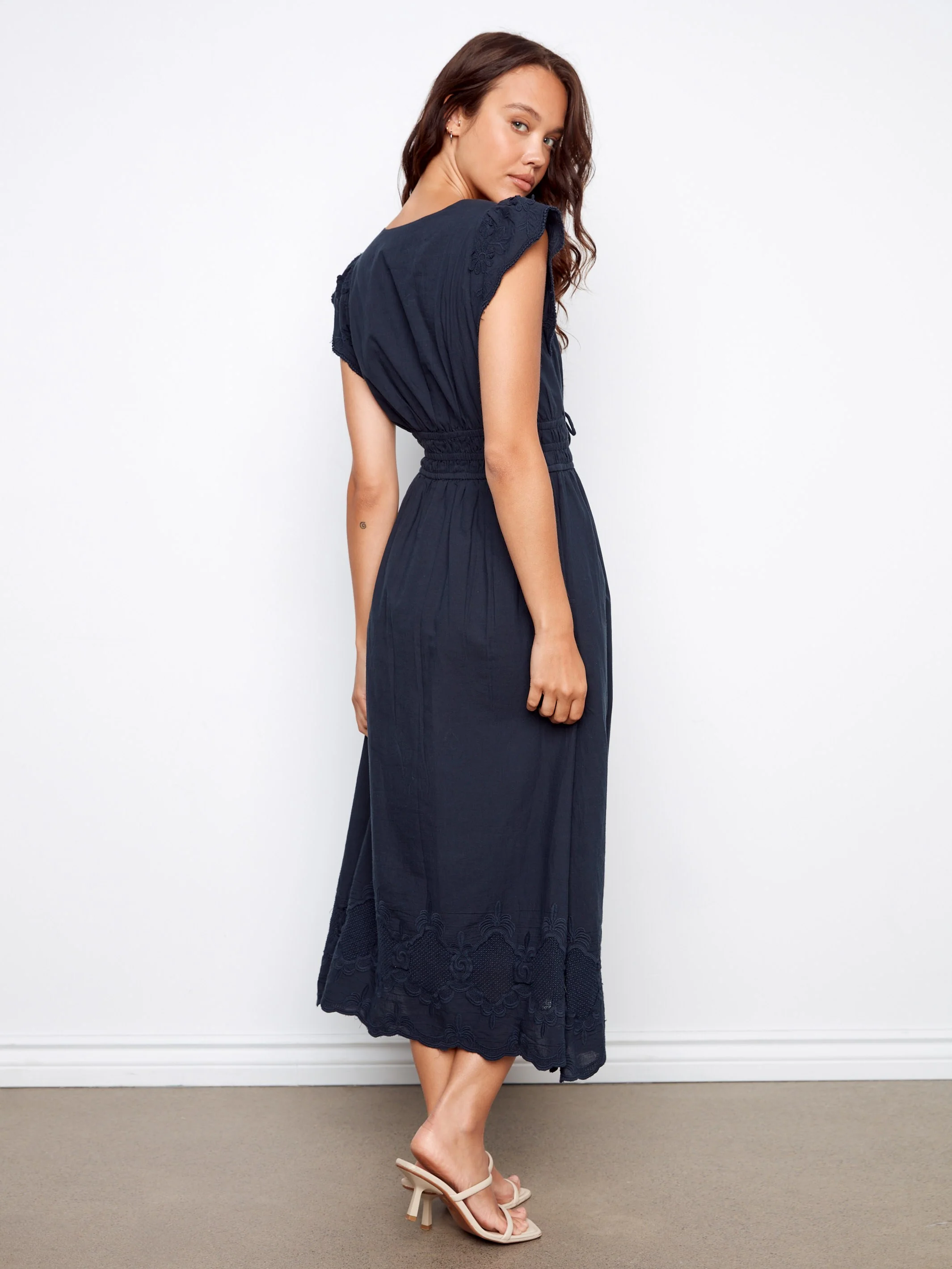 Embroidered V-Neck Midi Dress - Navy - Image 5