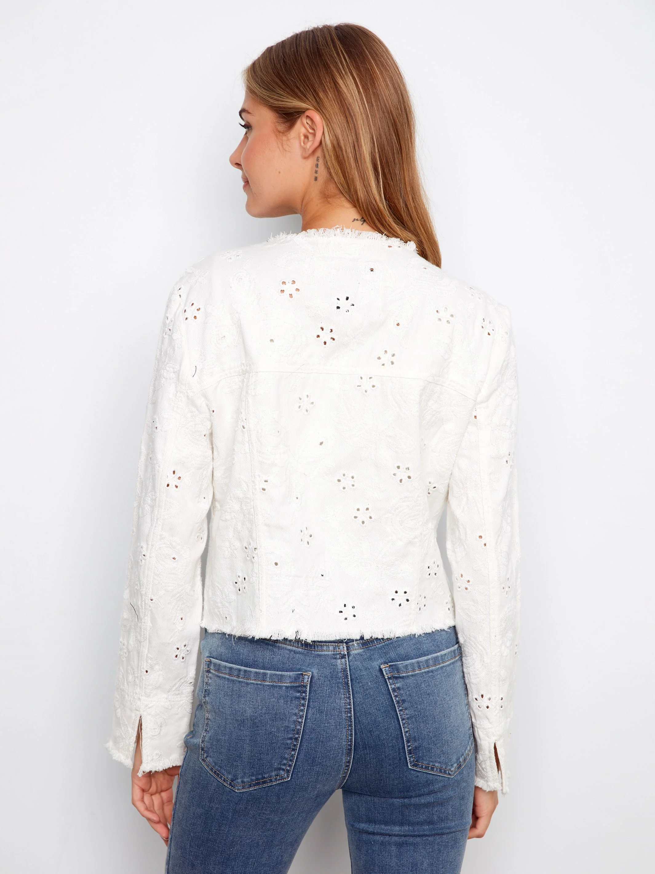 Eyelet Stretch Denim Jacket - White - Image 4