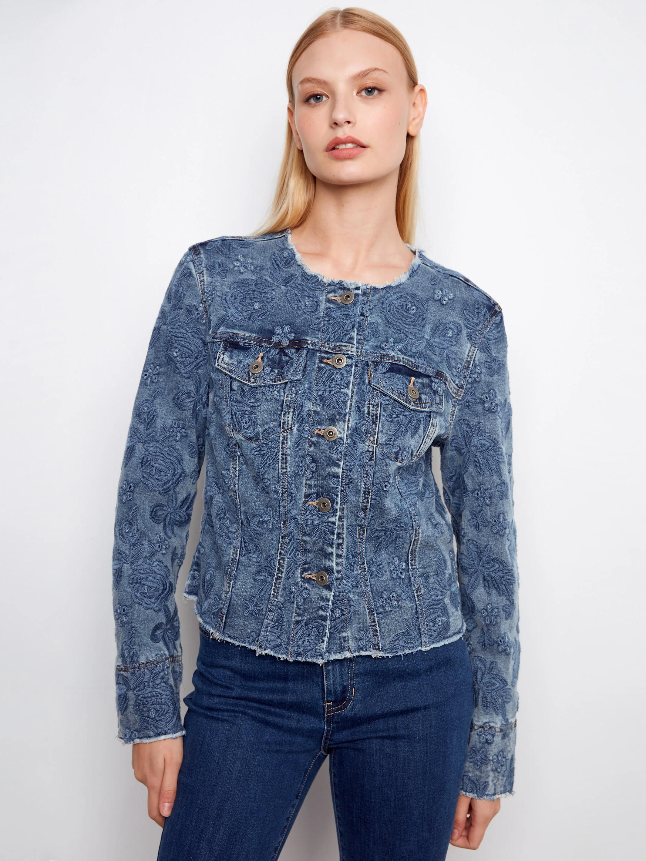 Eyelet Stretch Denim Jacket - Medium Blue - Image 3