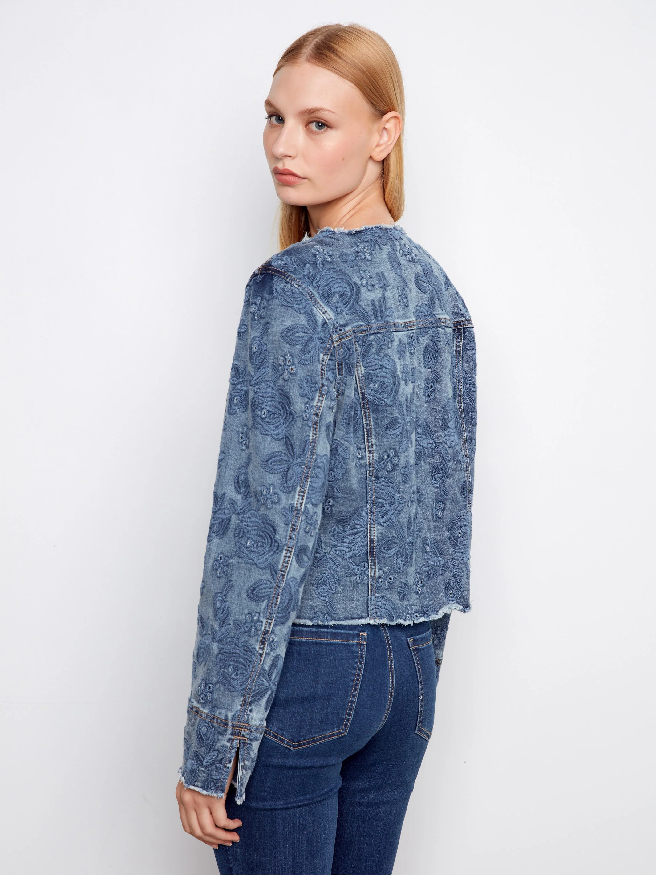 Eyelet Stretch Denim Jacket - Medium Blue - Image 4