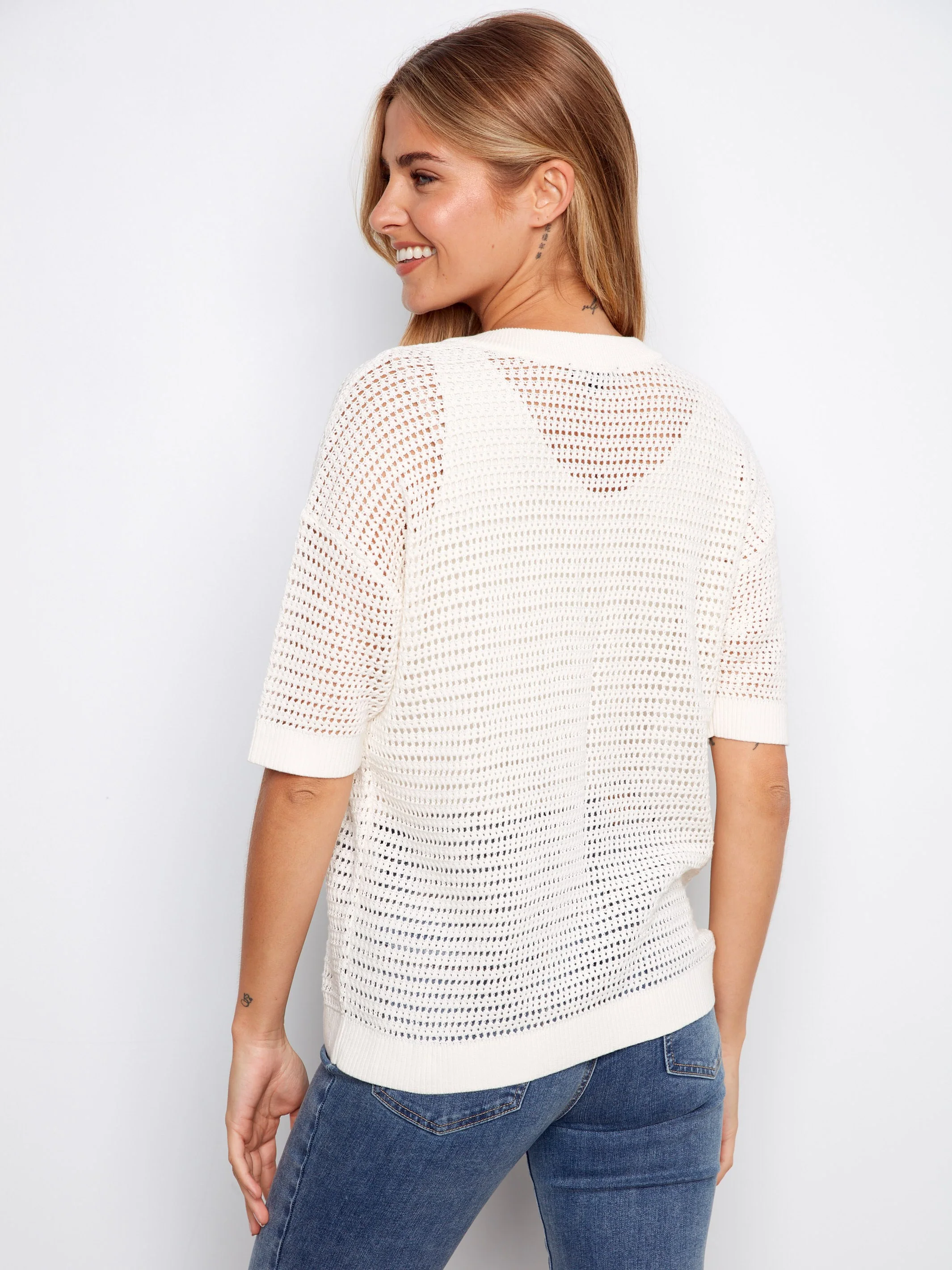 Fishnet Crochet Cotton Top - White - Image 5