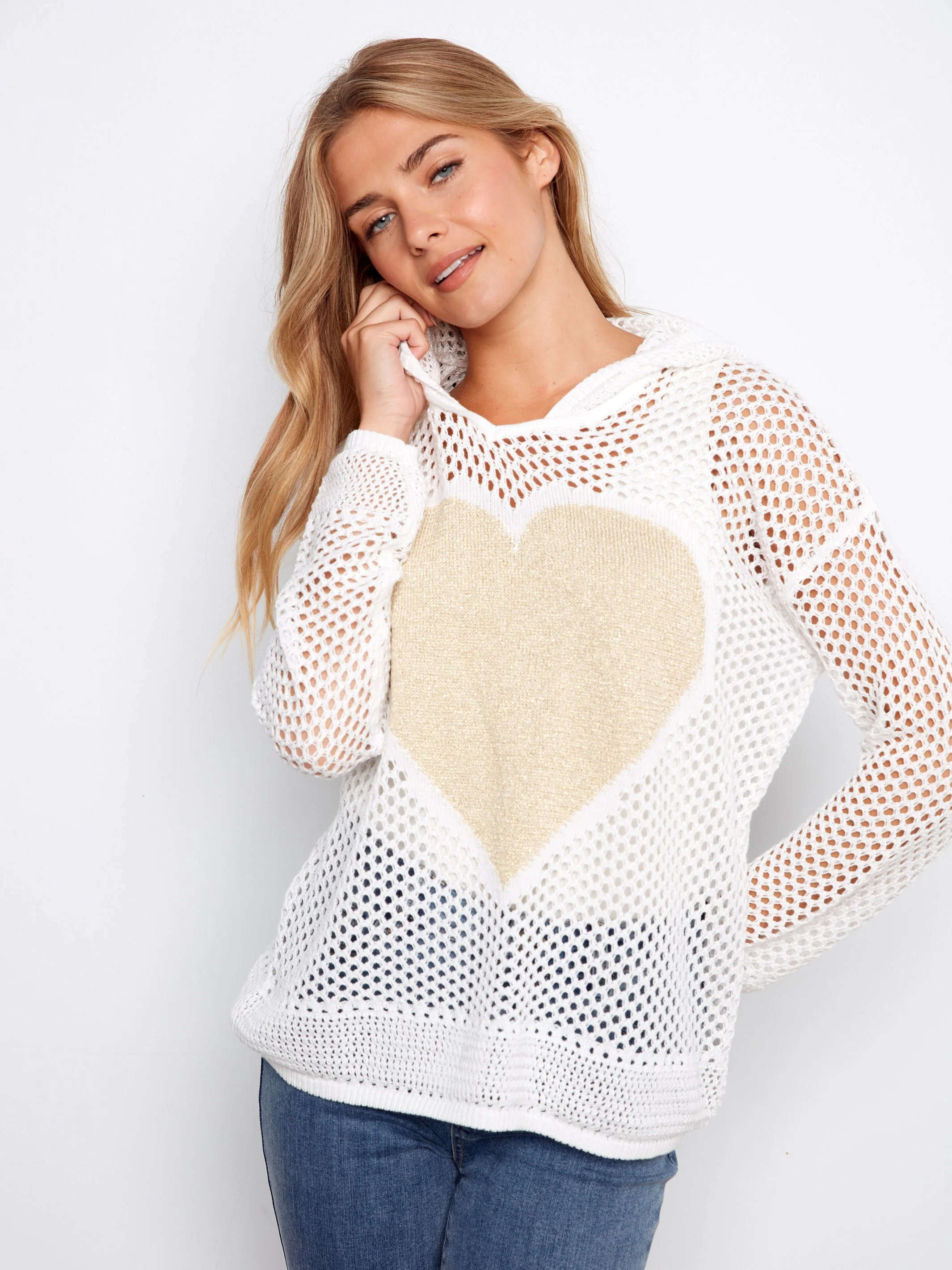 Fishnet Hoodie Sweater With Gold Heart - White - Image 3