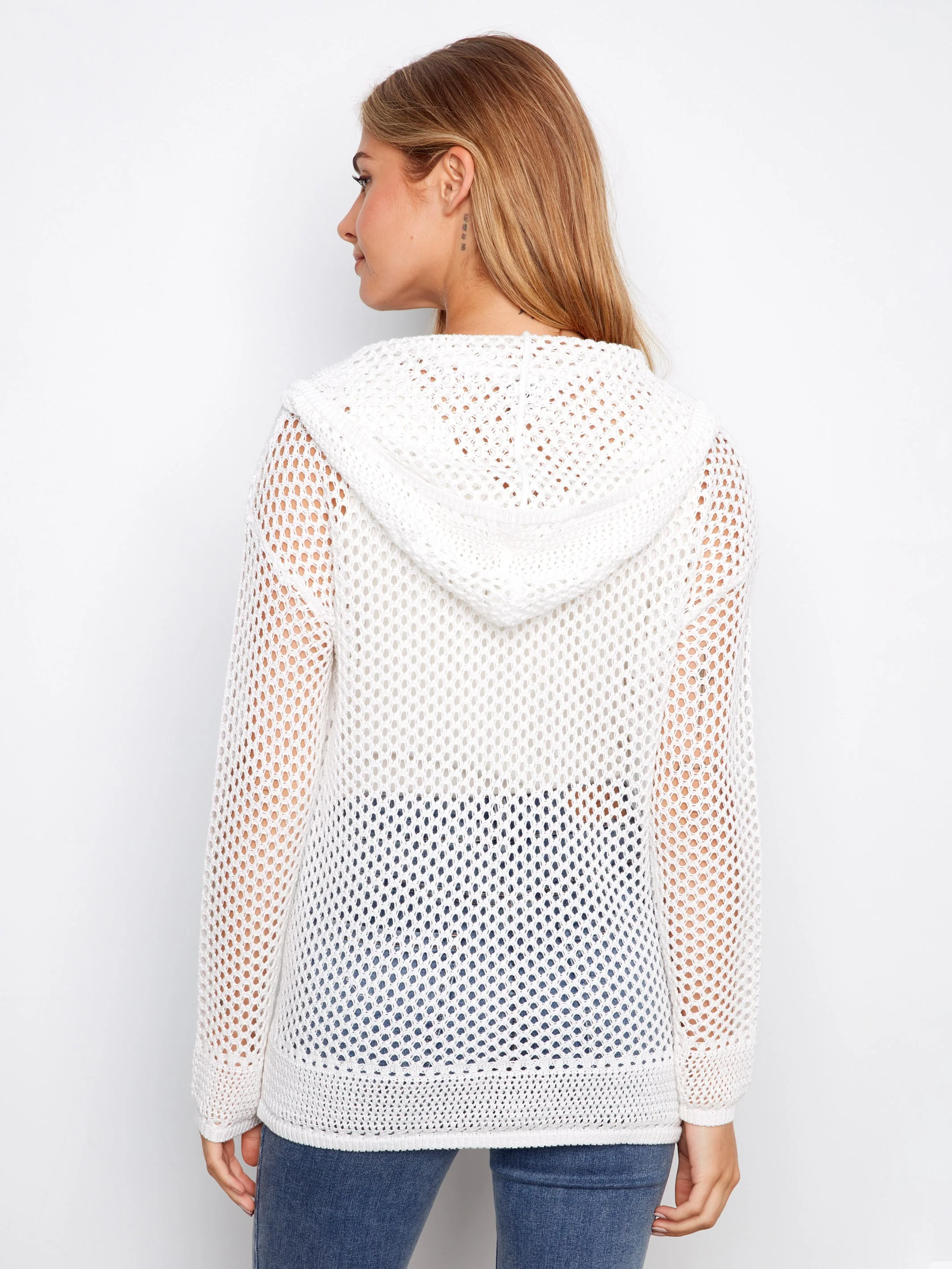 Fishnet Hoodie Sweater With Gold Heart - White - Image 4