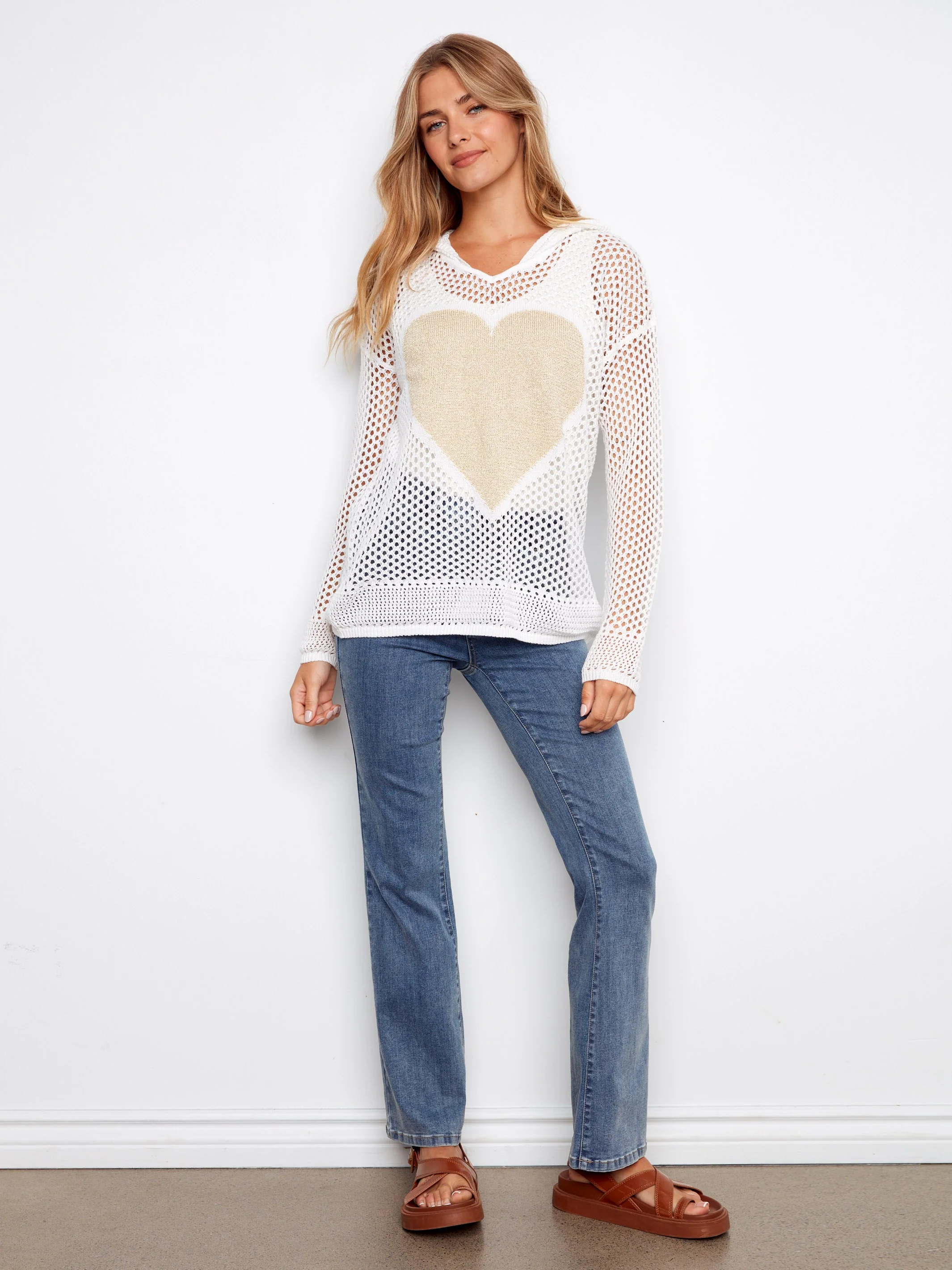 Fishnet Hoodie Sweater With Gold Heart - White - Image 5