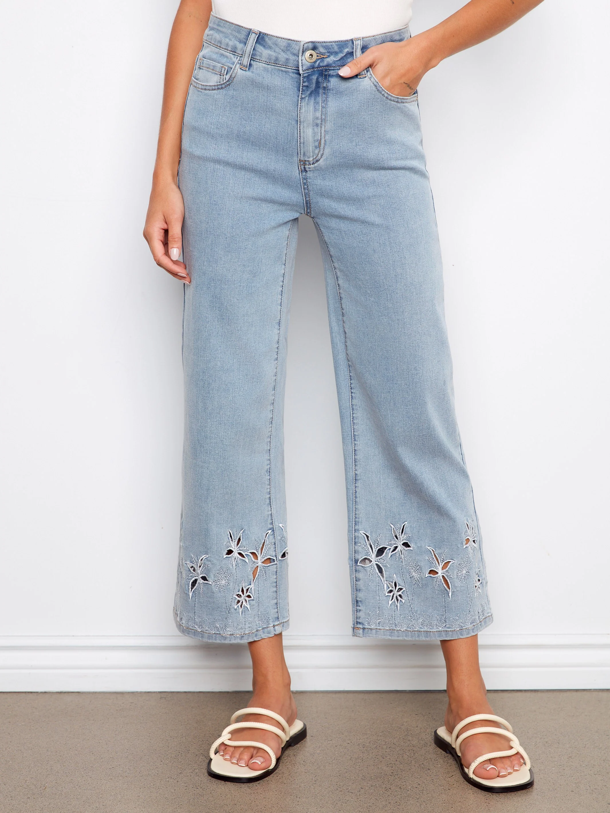 Flare Jeans With Palm Tree Embroidery - Light Blue - Image 2