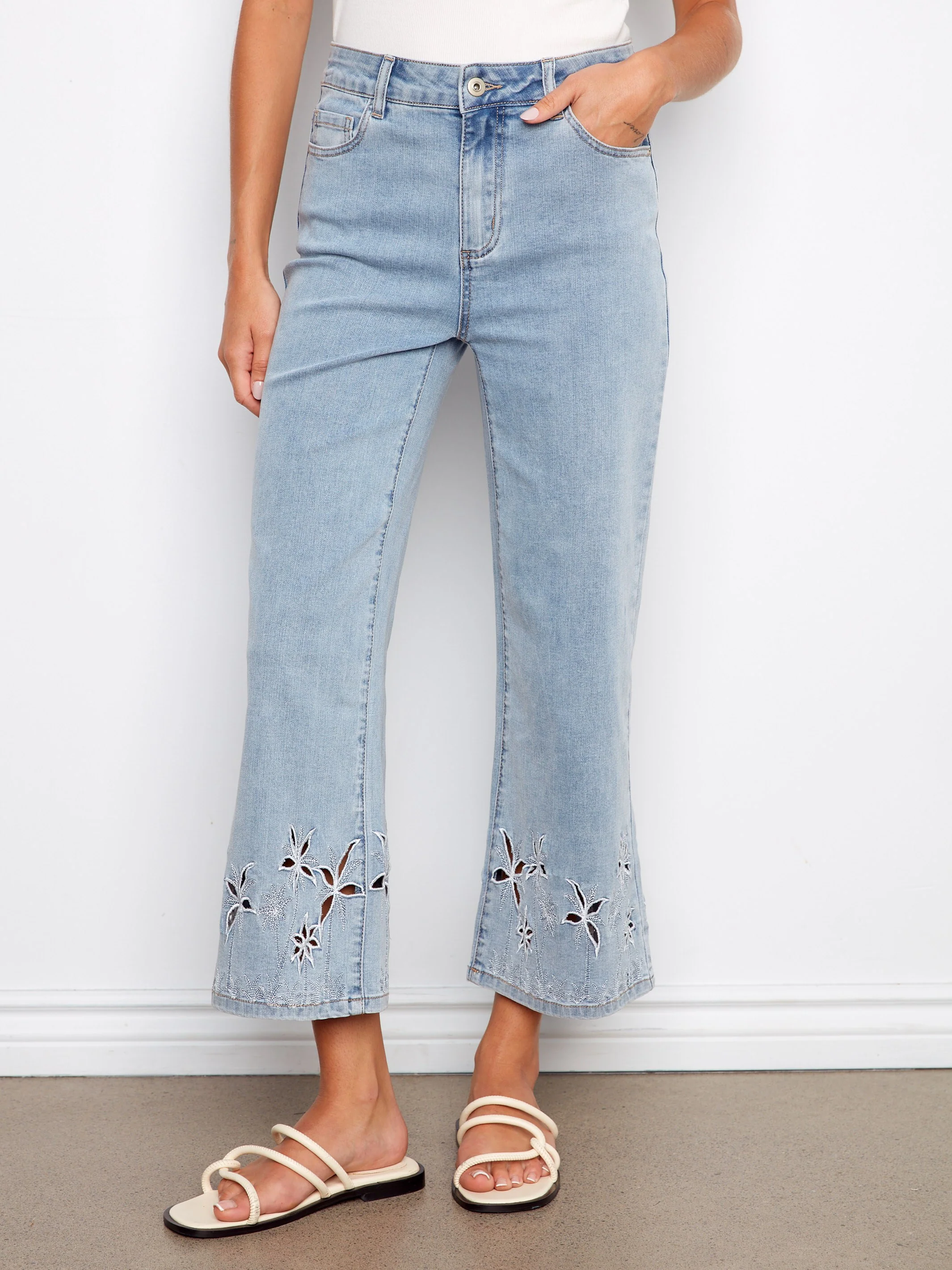 Flare Jeans With Palm Tree Embroidery - Light Blue - Image 5