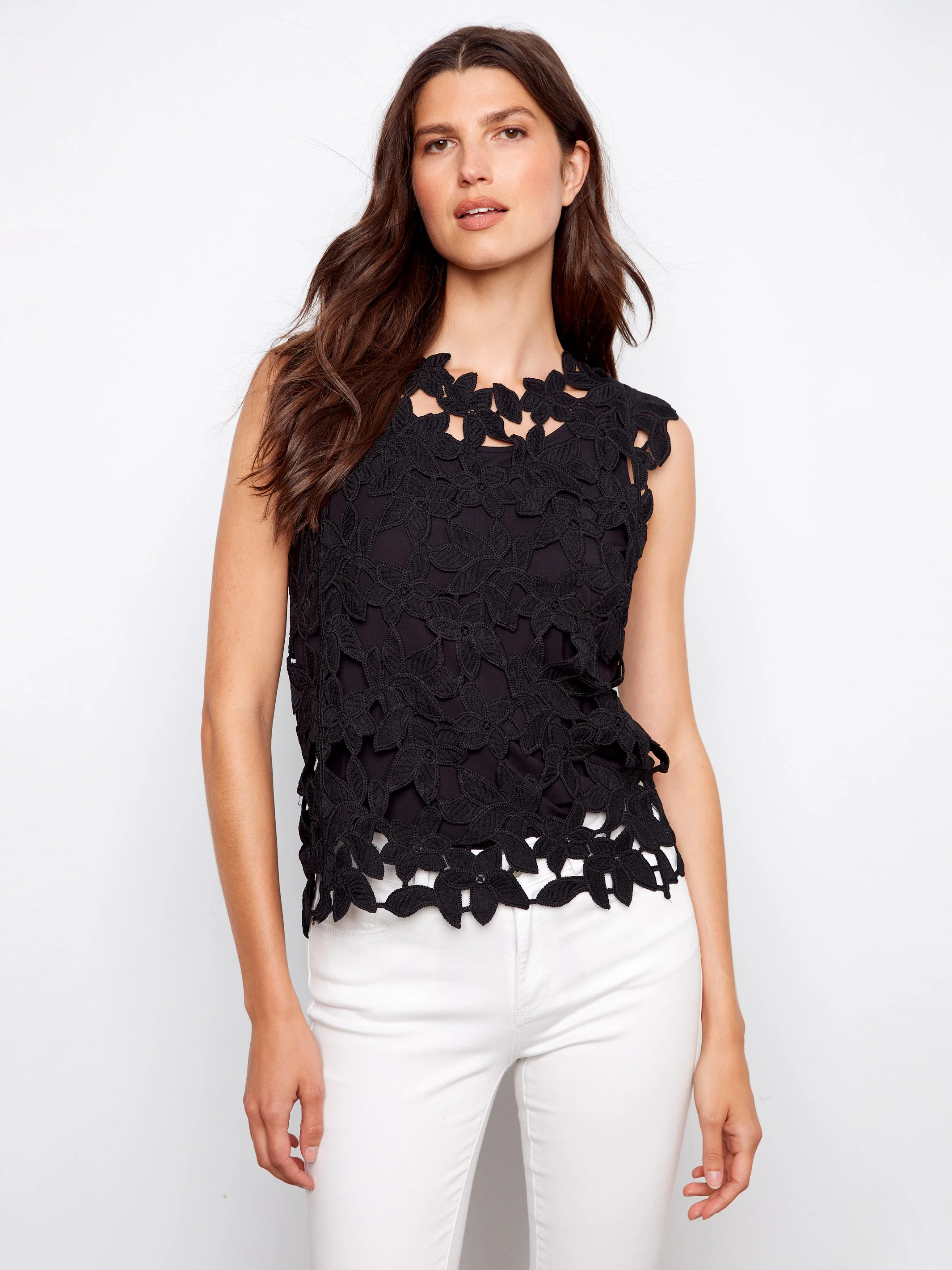 Floral Crochet Cap Sleeve Top - Black - Image 3