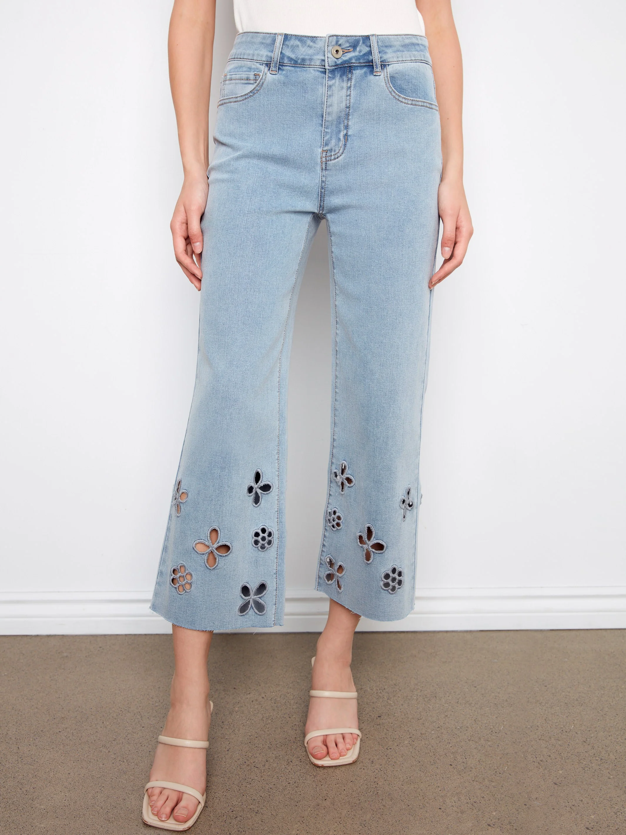 Floral Cutout Wide Leg Jeans - Light Blue - Image 2
