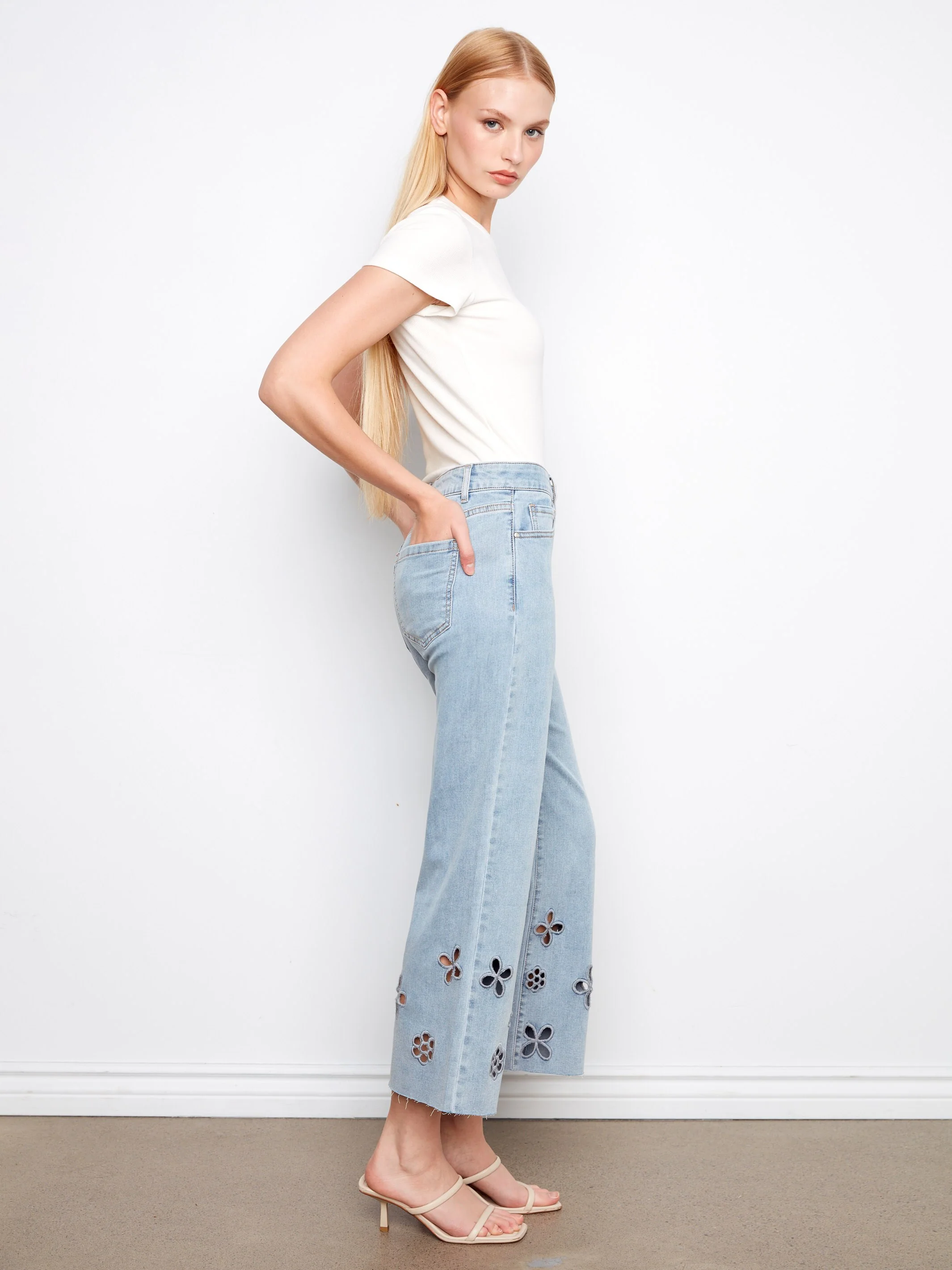 Floral Cutout Wide Leg Jeans - Light Blue - Image 3