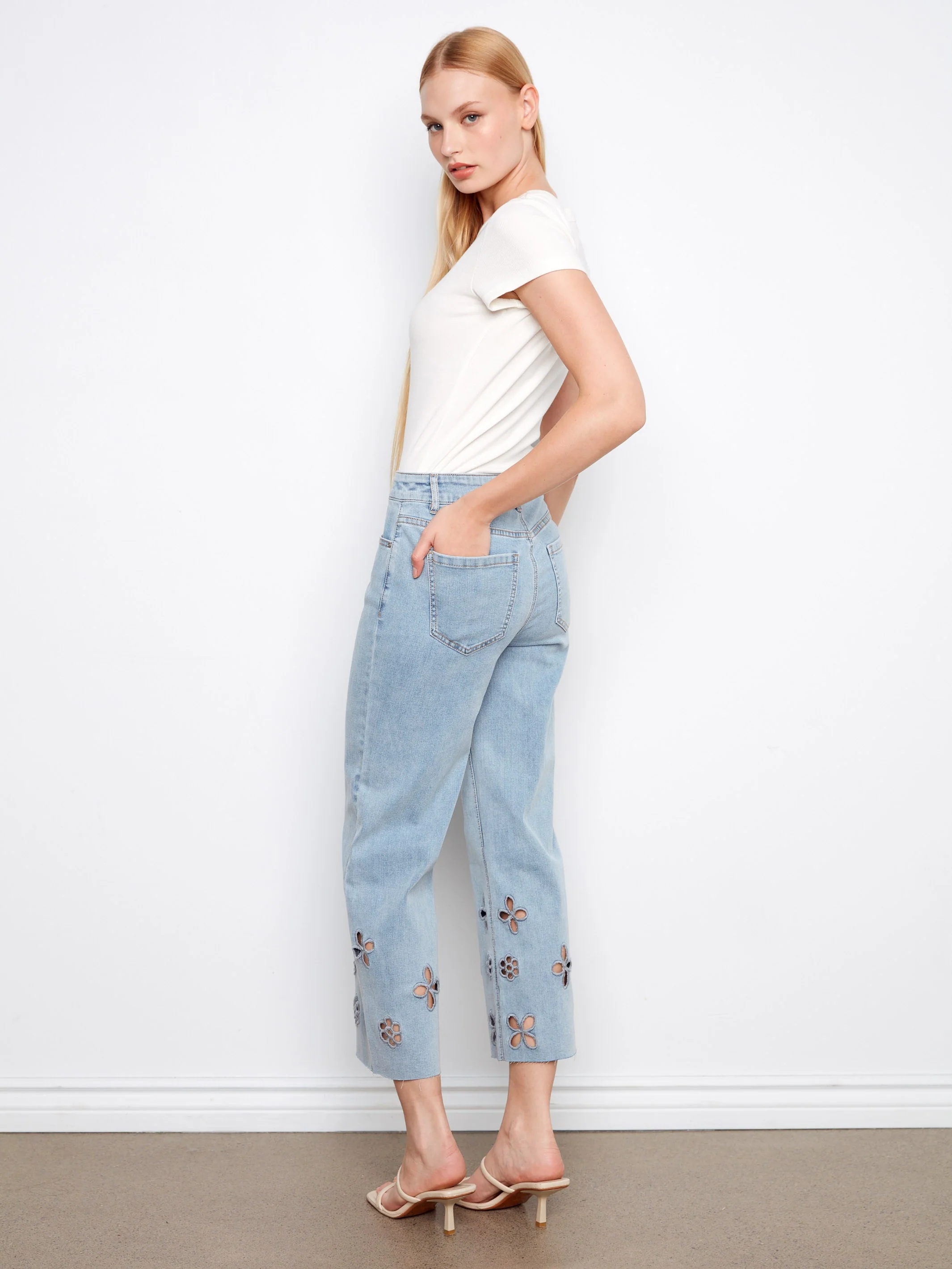 Floral Cutout Wide Leg Jeans - Light Blue - Image 4