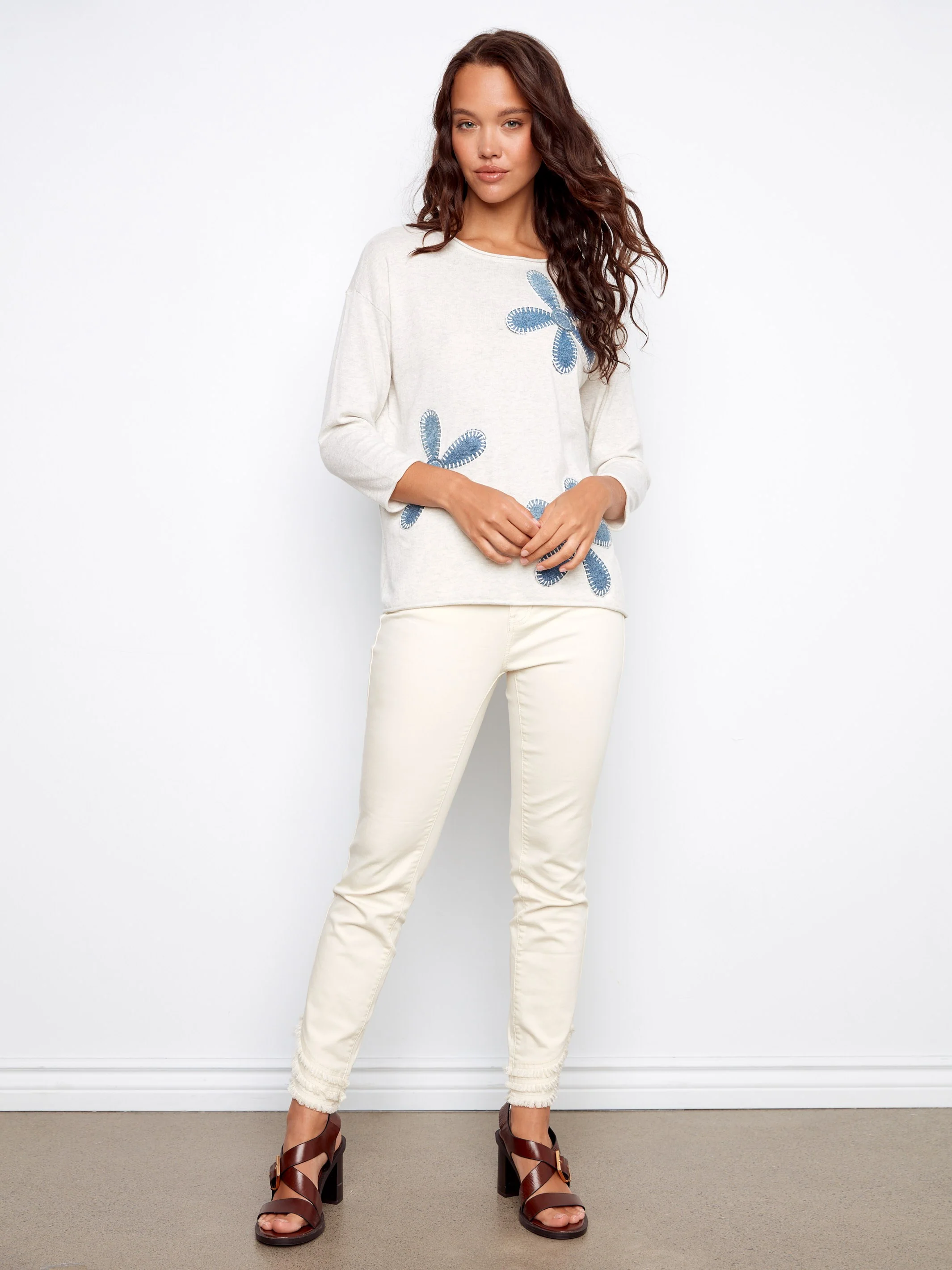 Floral Denim Patch Sweater - Heather Oat - Image 6