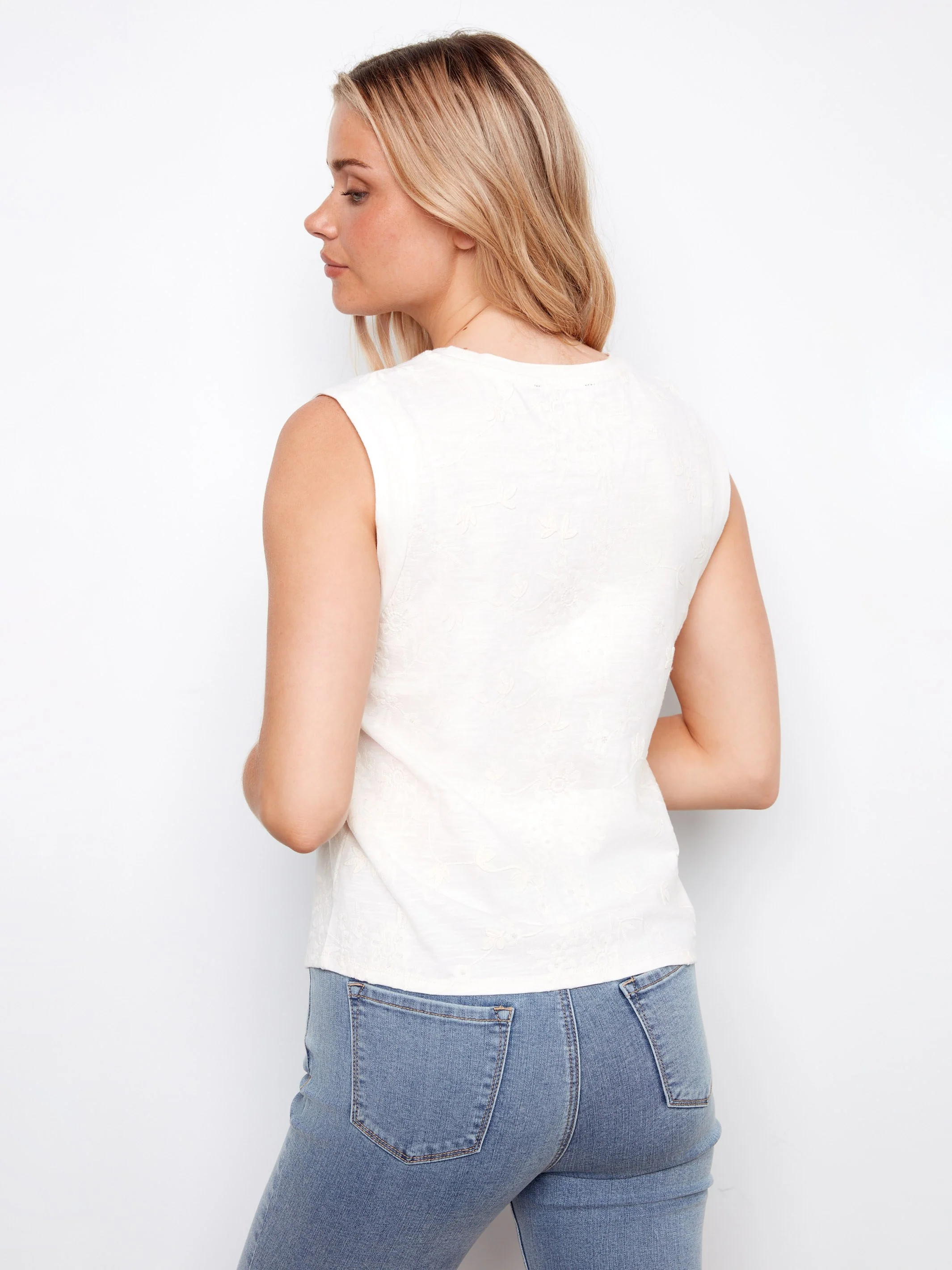 Floral Embroidered Sleeveless Cotton Top - White - Image 5