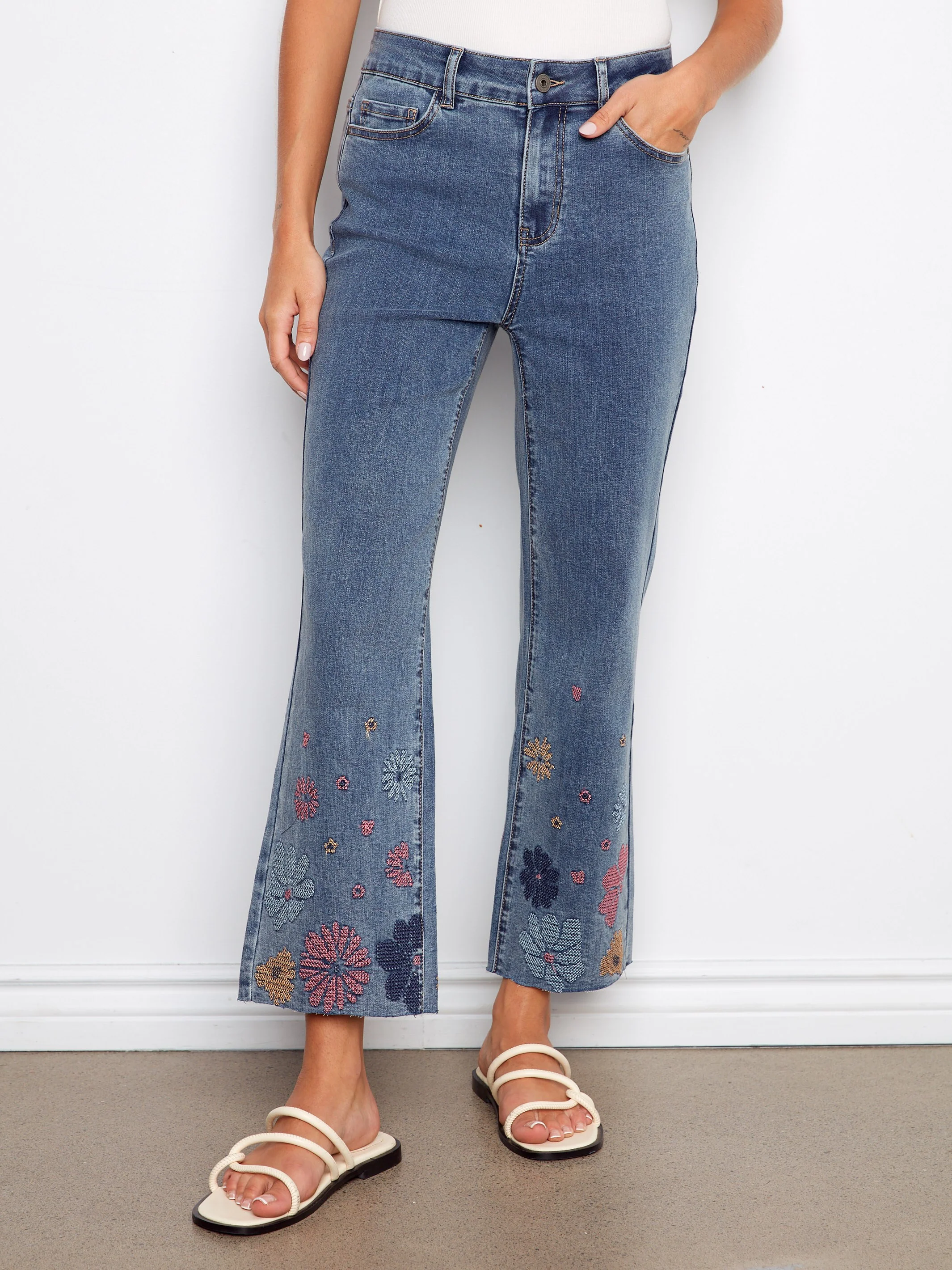 Floral Embroidered Straight Leg Jeans - Medium Blue - Image 2