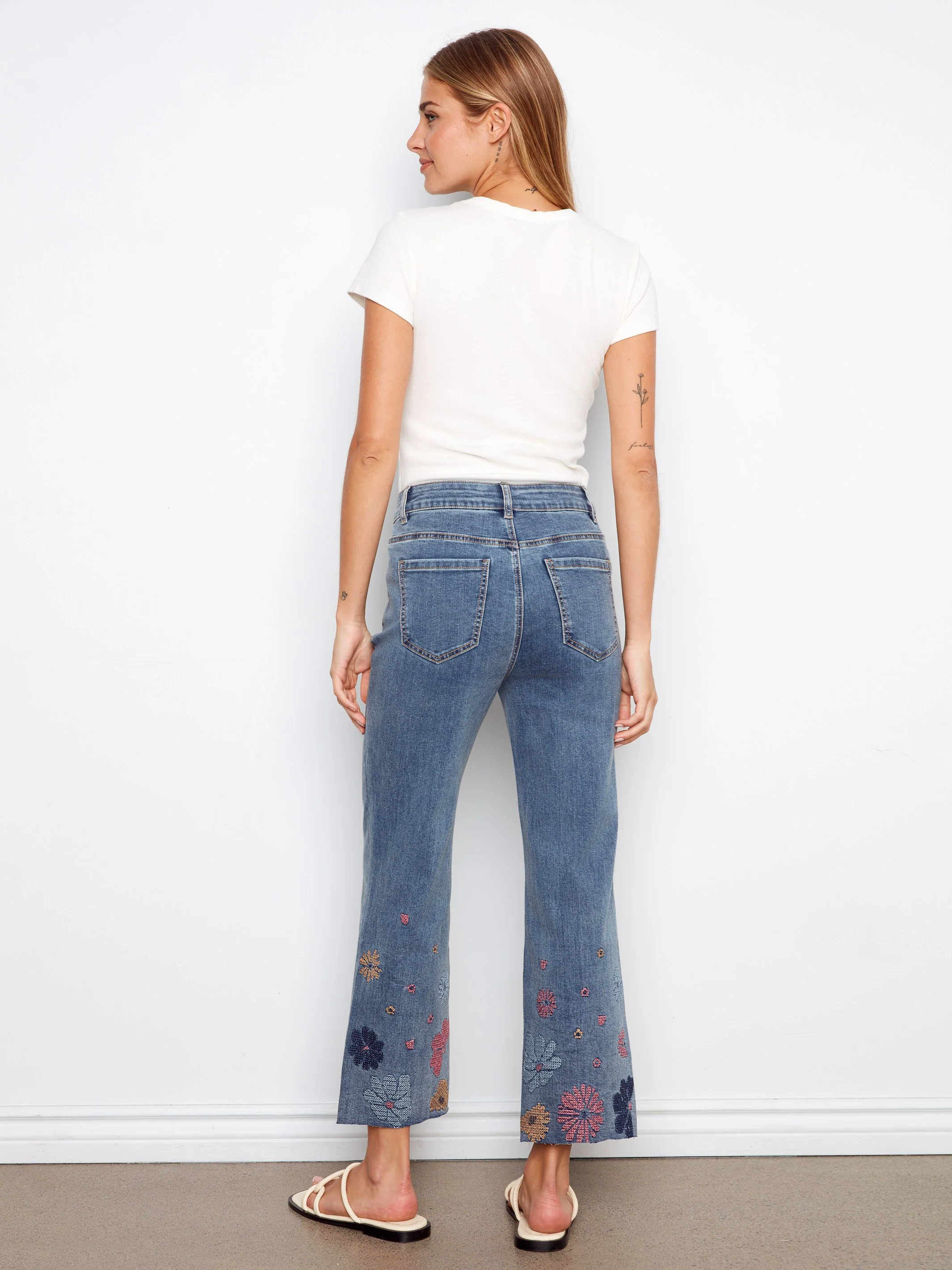 Floral Embroidered Straight Leg Jeans - Medium Blue - Image 4