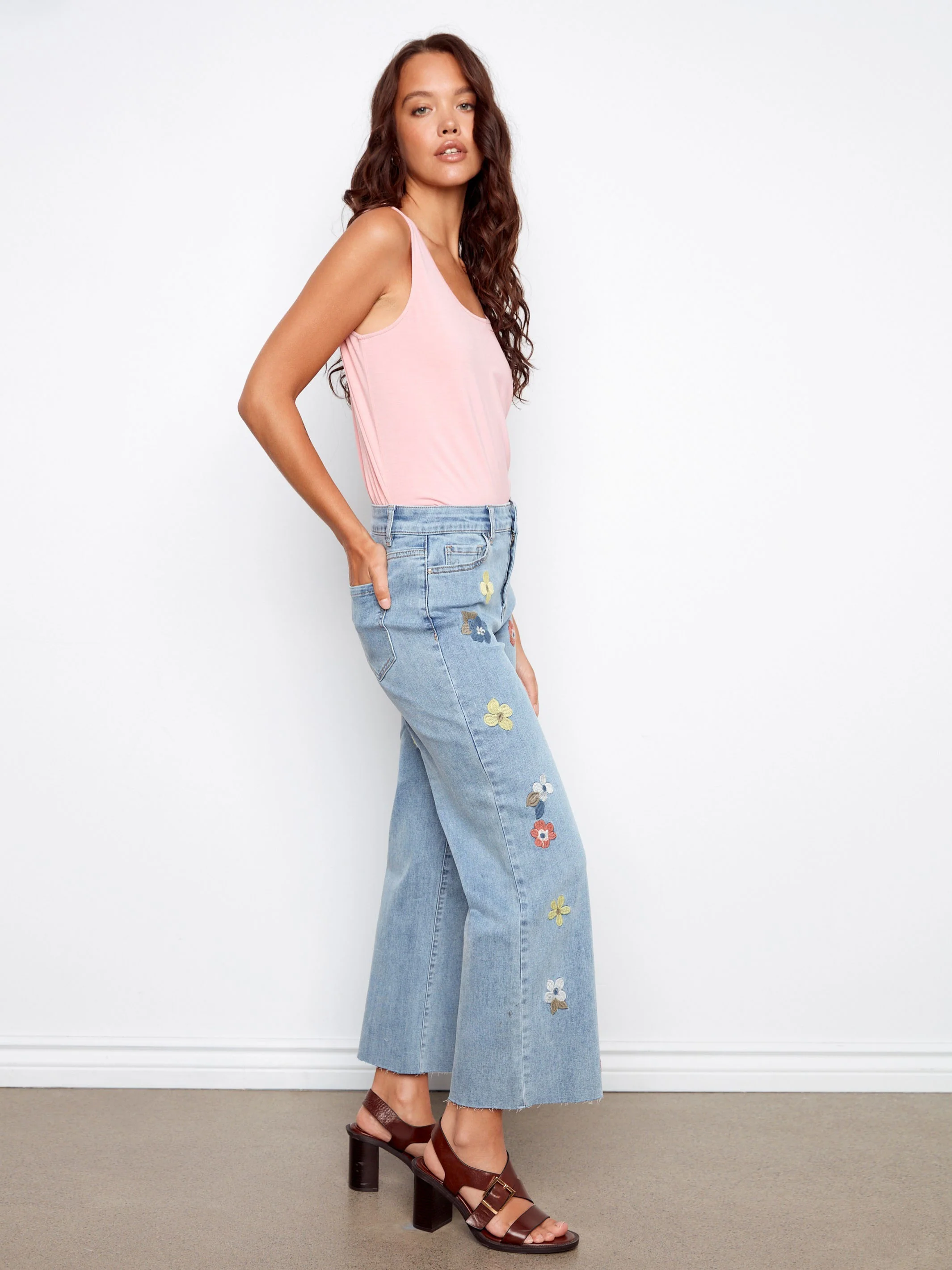 Floral Embroidered Wide Leg Jeans - Light Blue - Image 3
