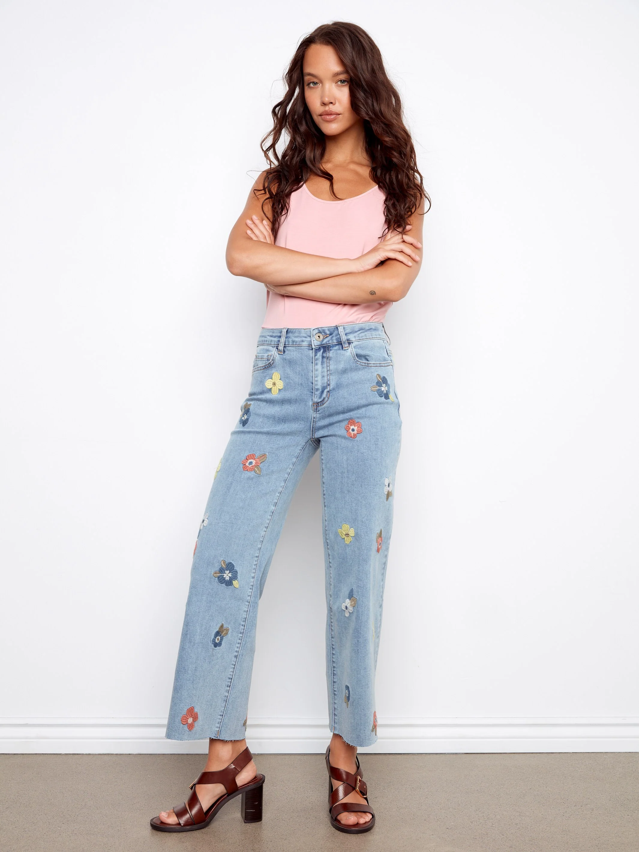 Floral Embroidered Wide Leg Jeans - Light Blue - Image 5