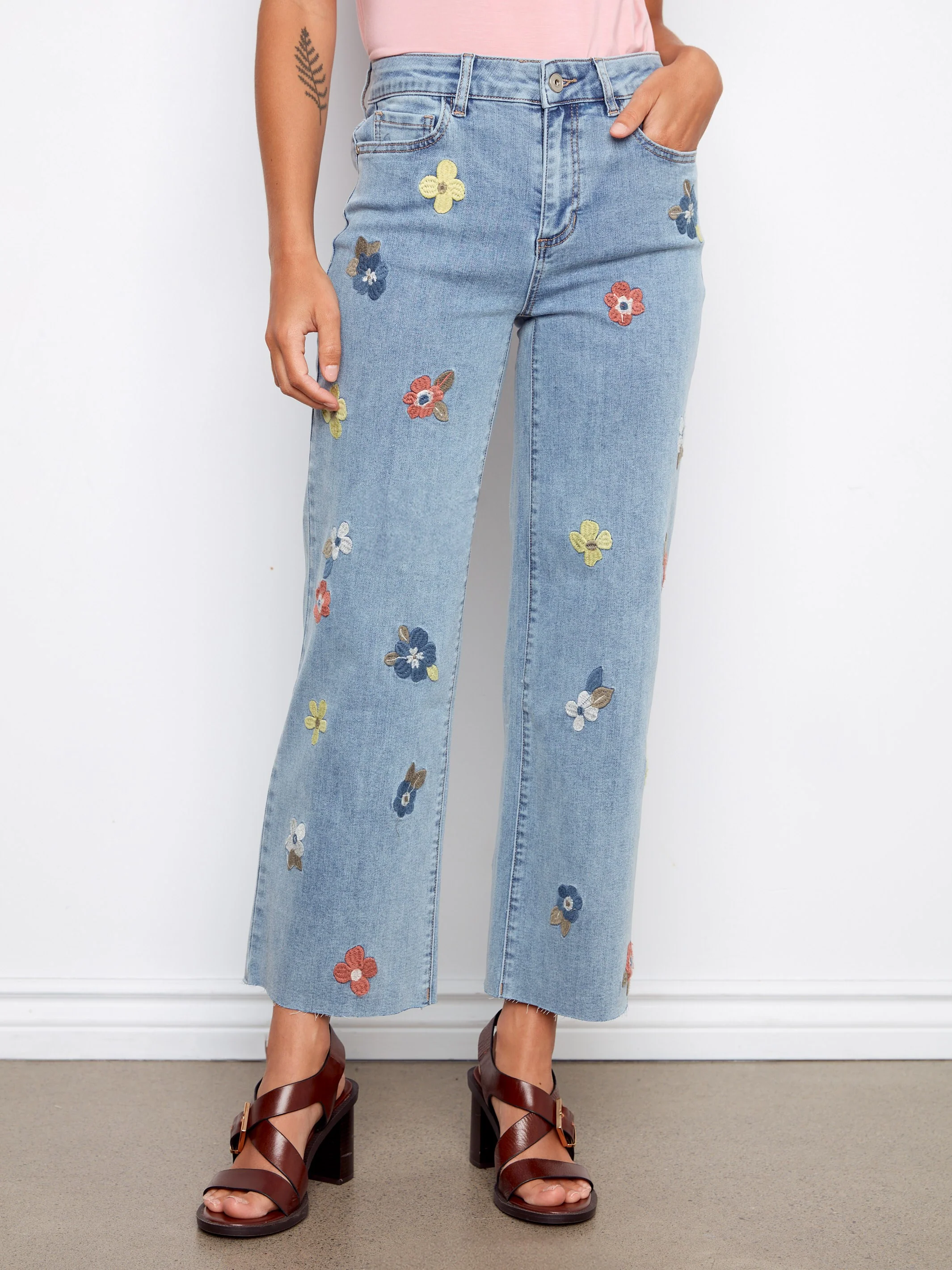 Floral Embroidered Wide Leg Jeans - Light Blue - Image 6
